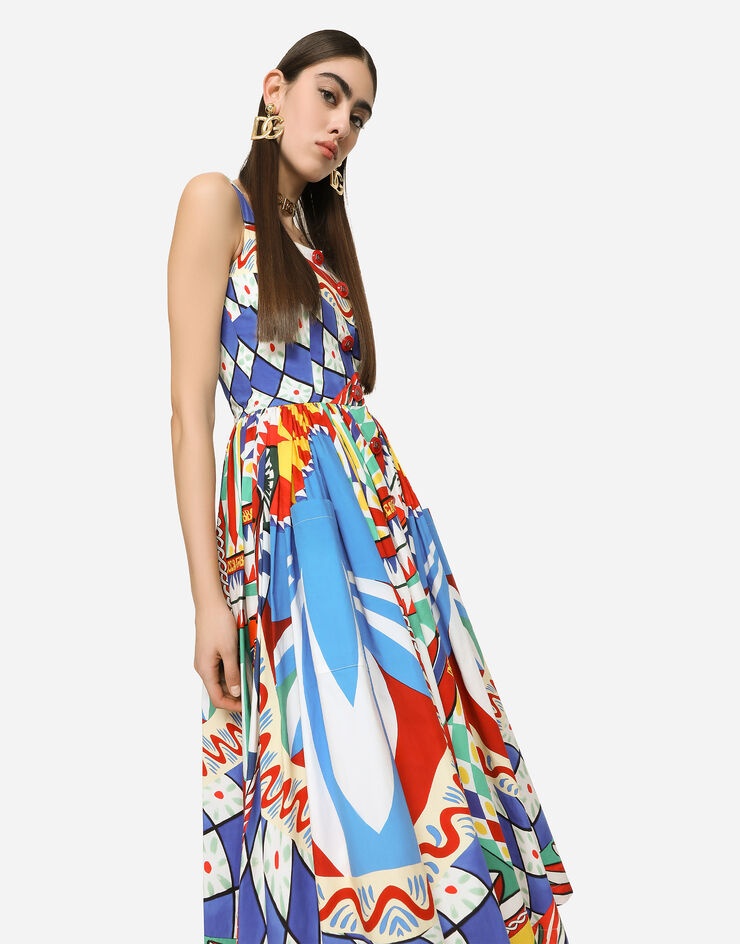 Carretto-print poplin calf-length dress - 4