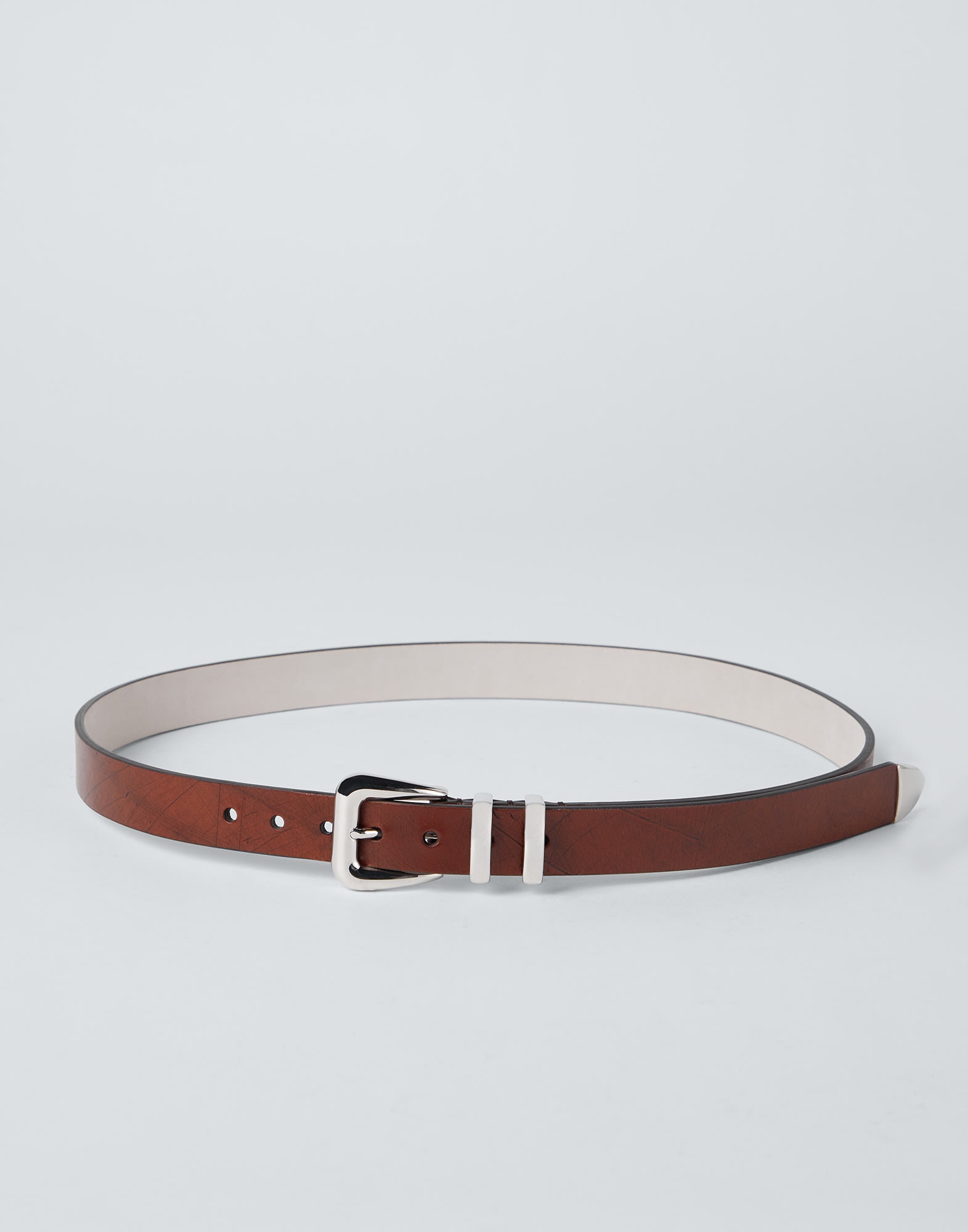 Etched leather belt with double keeper and tip - 1
