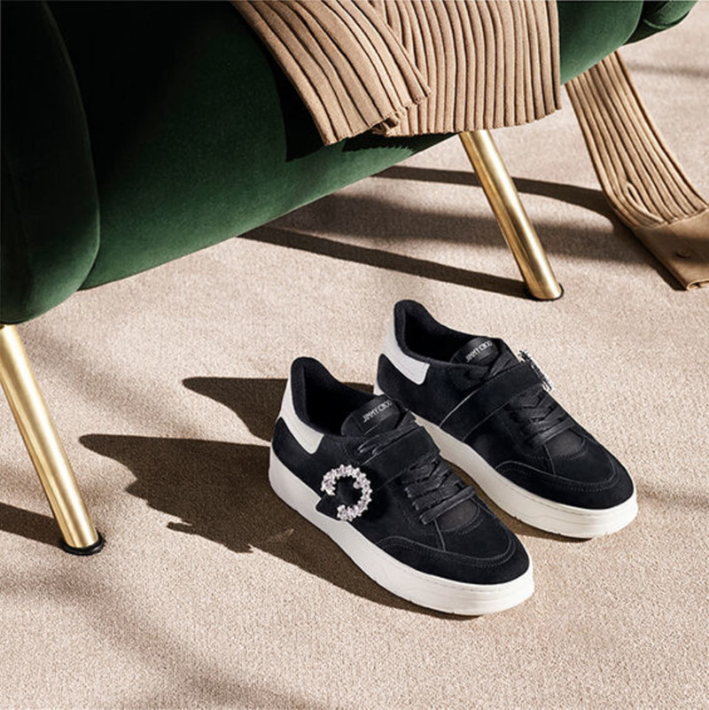 Osaka Lace Up Black Suede and White Calf Leather Low Top Trainers with Crystal Buckle 7