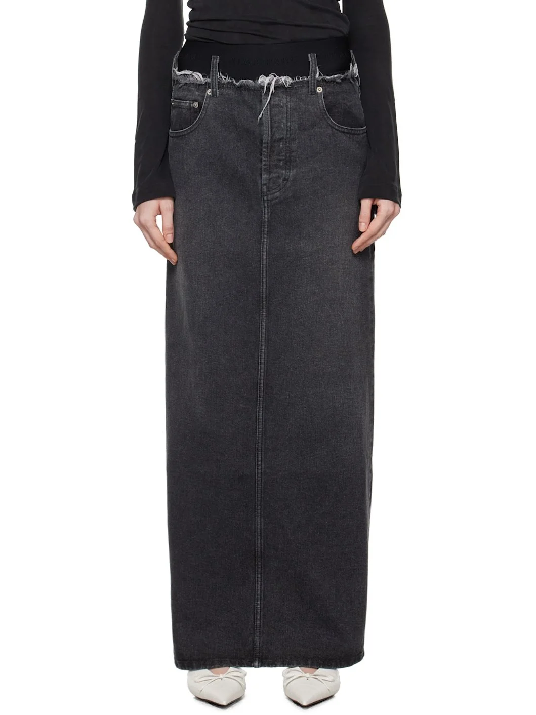 Gray Frayed Edge Denim Maxi Skirt - 1