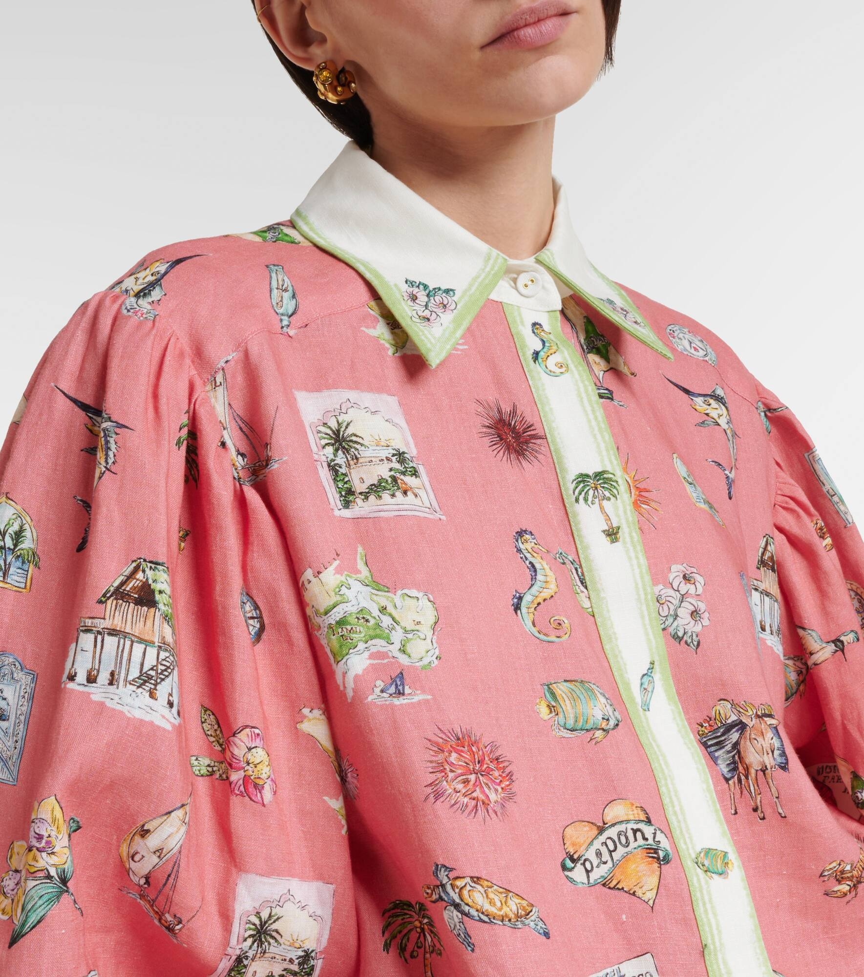 Puff-sleeve printed linen shirt - 4