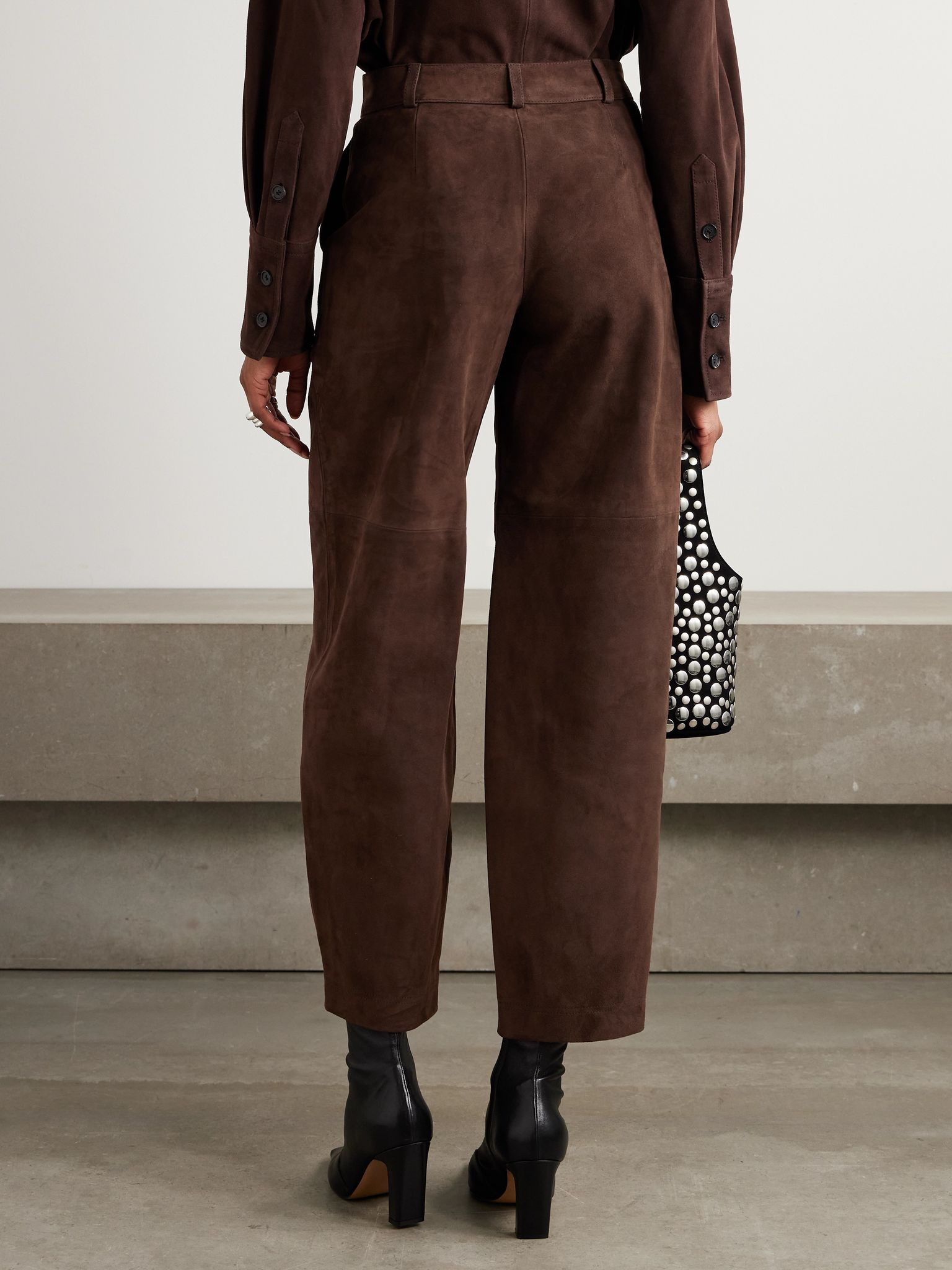 Cropped suede barrel-leg pants Brown - 4