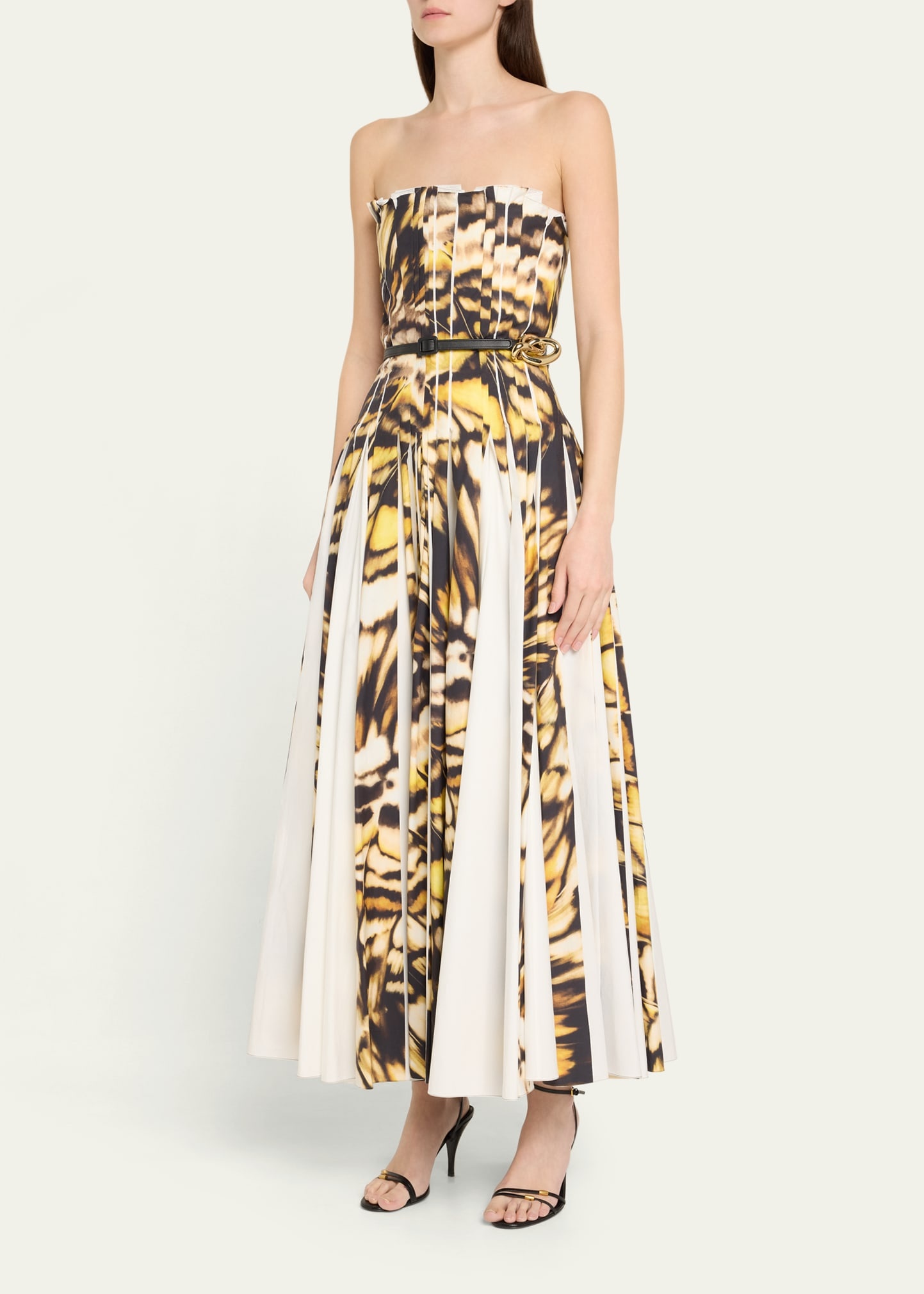 Strapless Pleated Butterfly Poplin Ankle Dress With Belt - 3