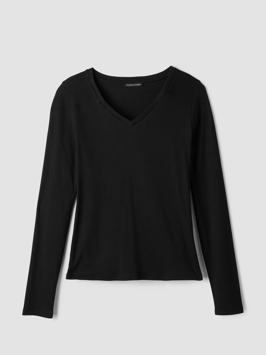 Organic Cotton Stretch Rib V-Neck Top - 1