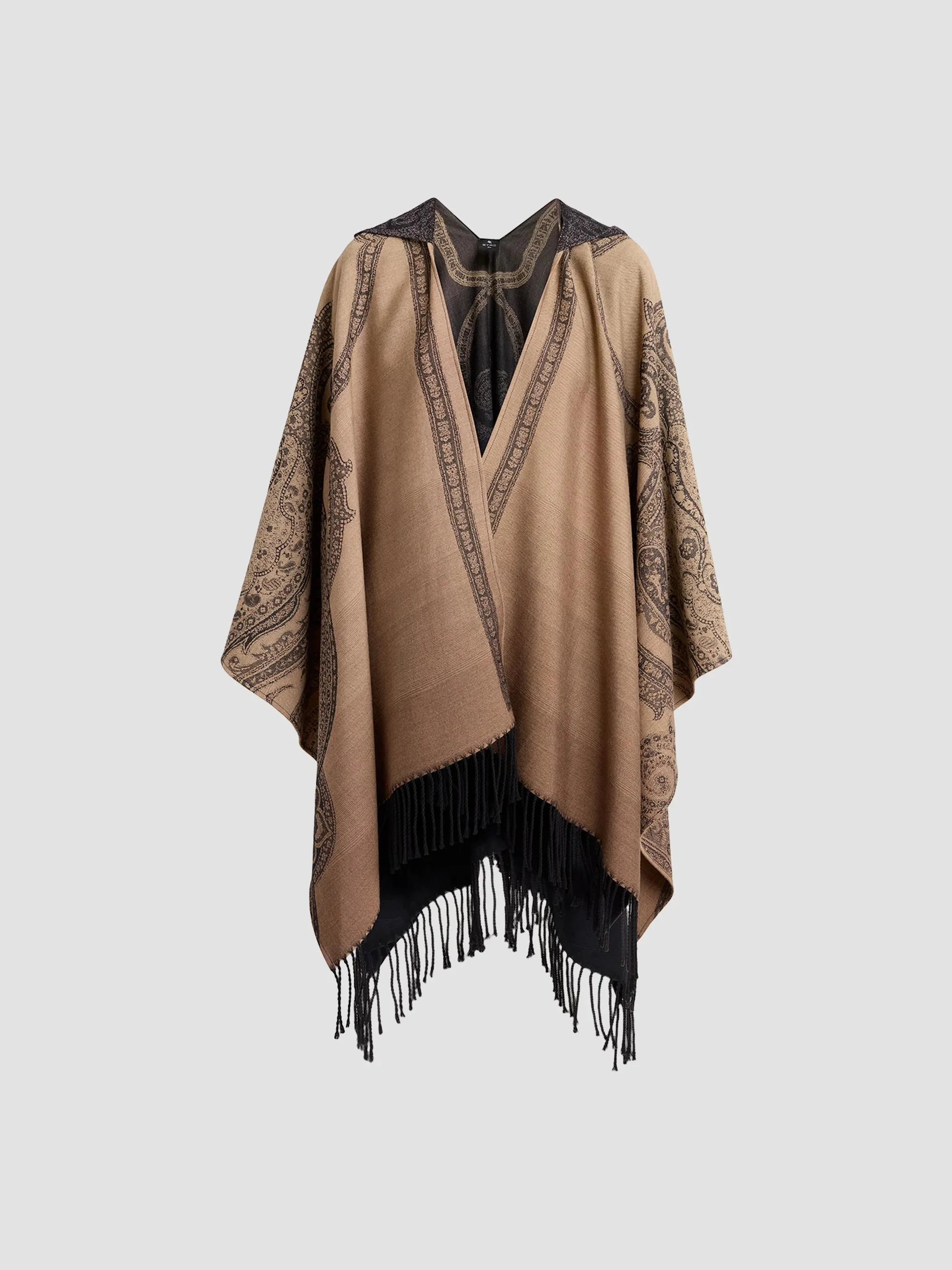 Women's Printed Wool Fringe Cape - Printed Black Base - 1