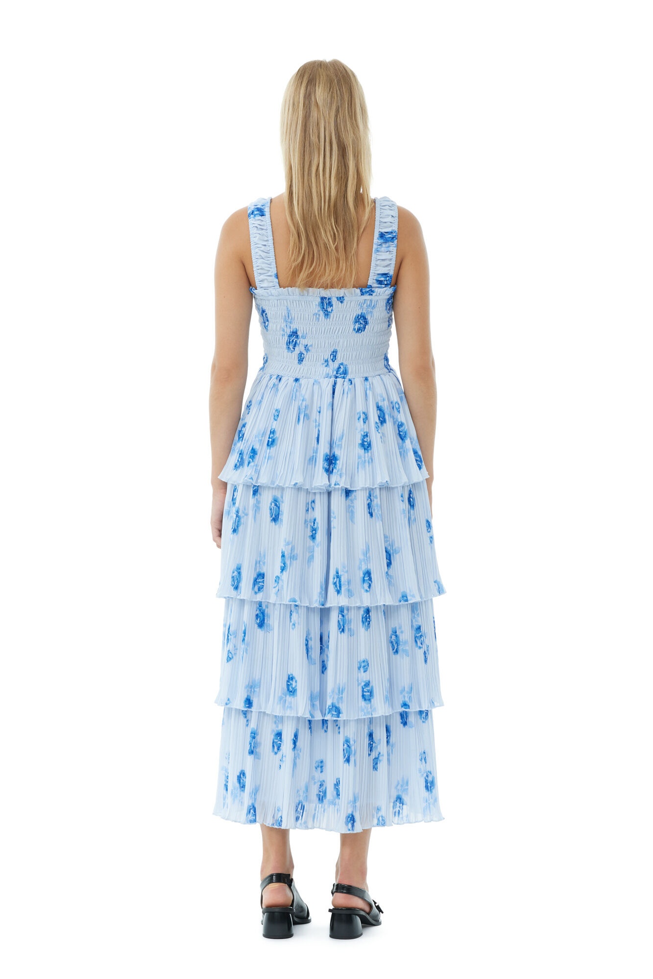 BLUE PLEATED GEORGETTE FLOUNCE SMOCK DRESS - 5