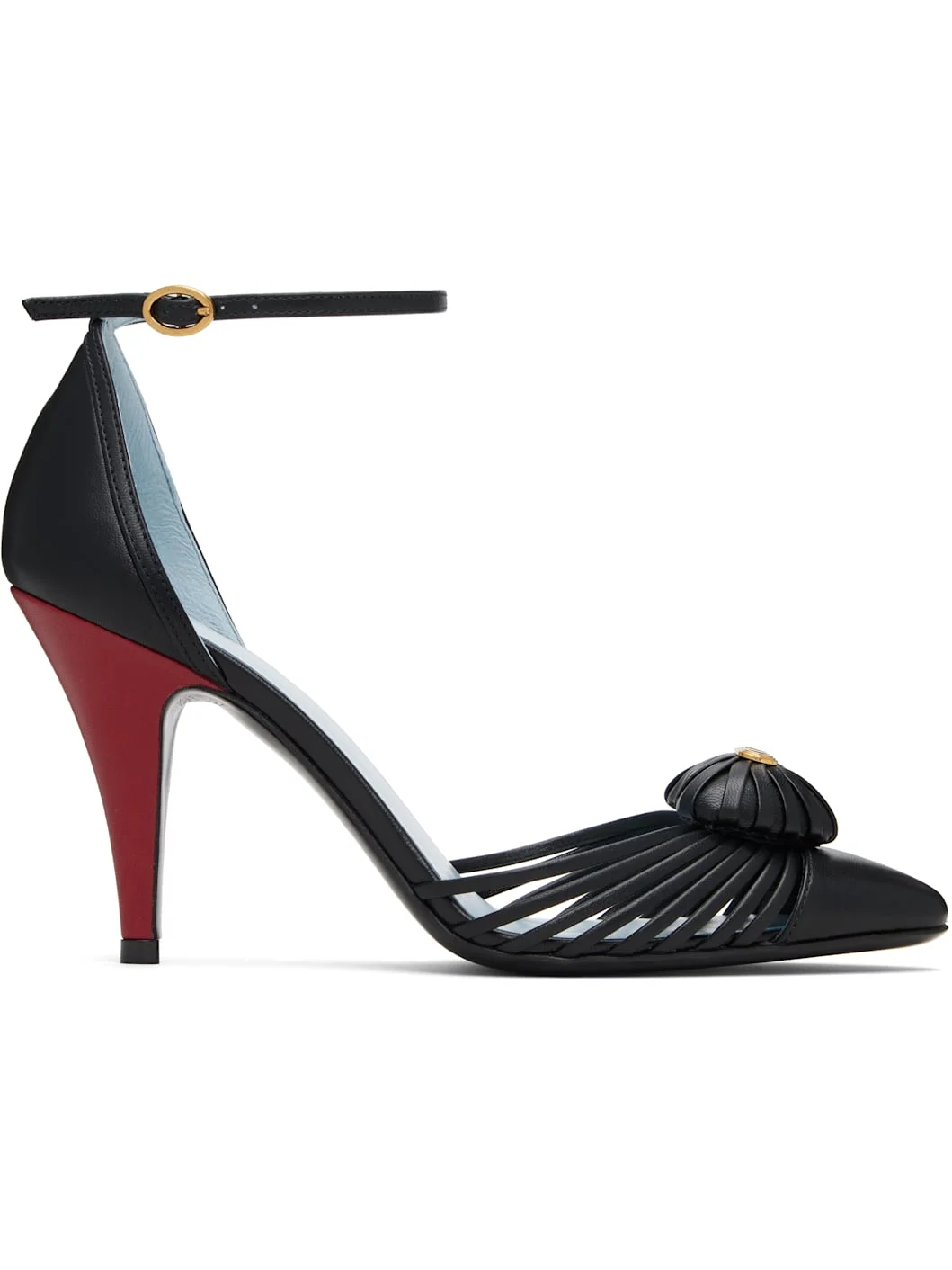 Black Ankle Strap Leather Woven Heart Heels - 1