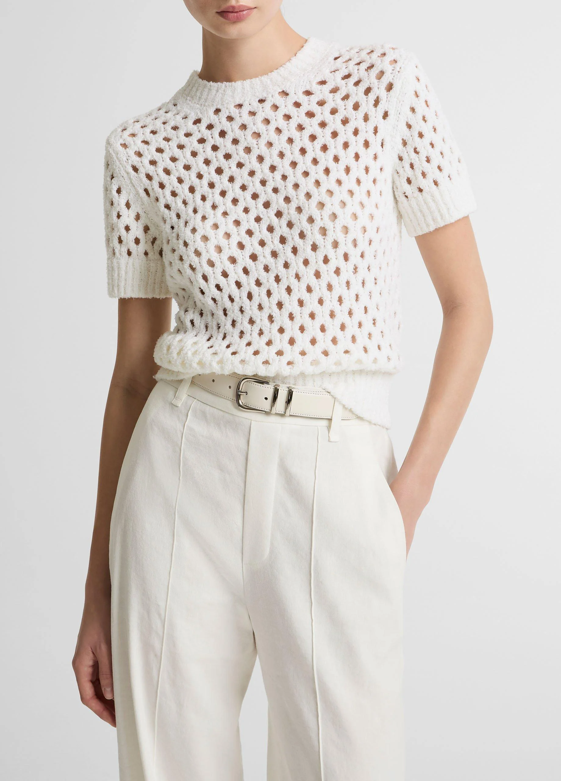 Honeycomb Italian Cotton & Linen-Blend Short-Sleeve Sweater - 1