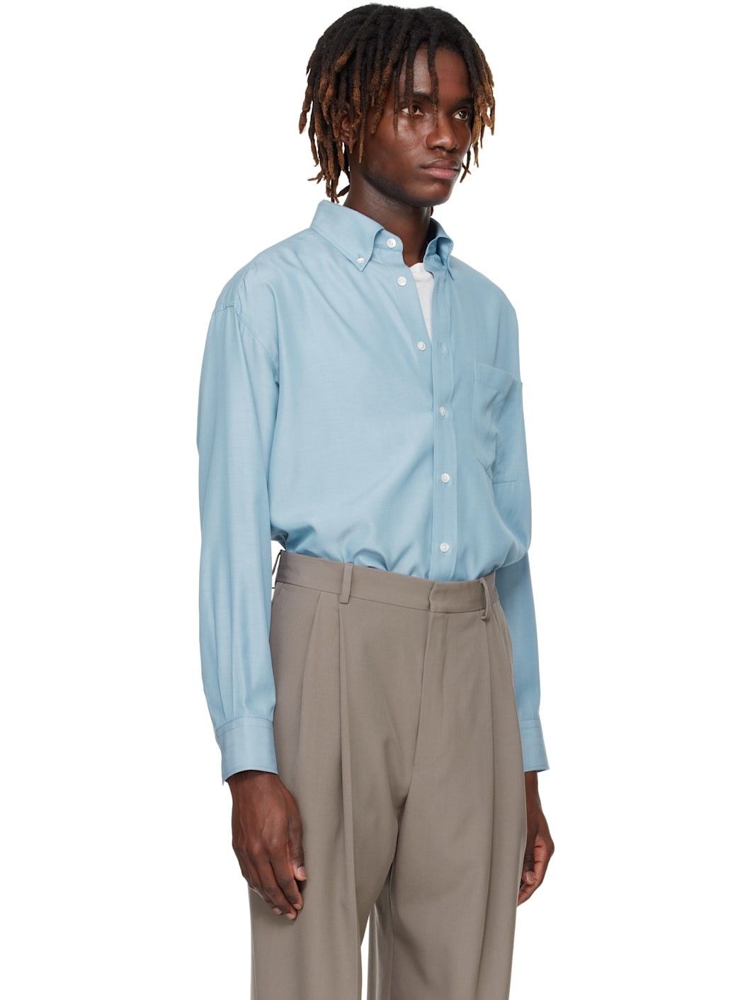 Blue Silk Broad Button Down Shirt - 2