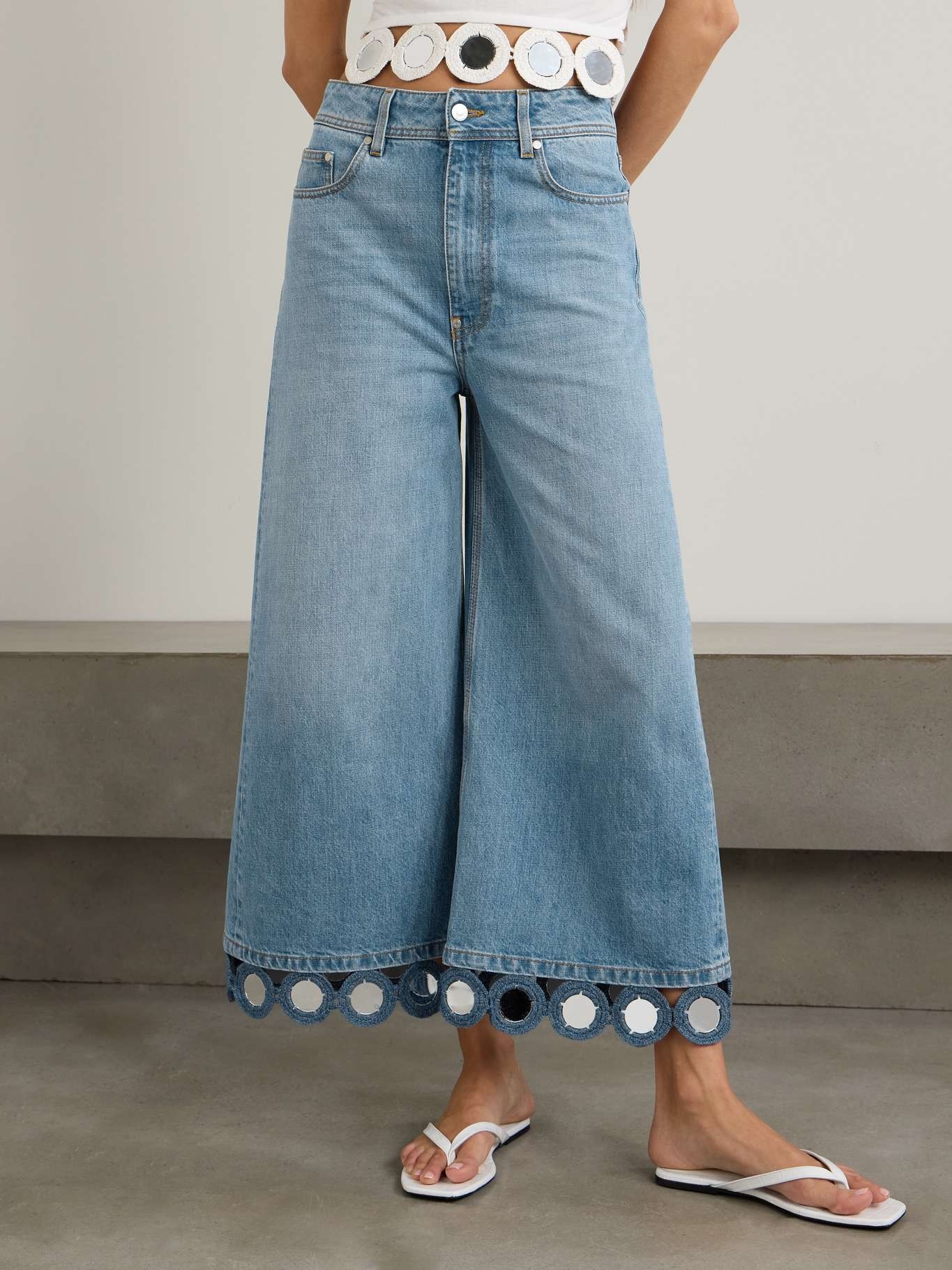 Cropped embellished crochet-trimmed mid-rise-wide-leg jeans - 3