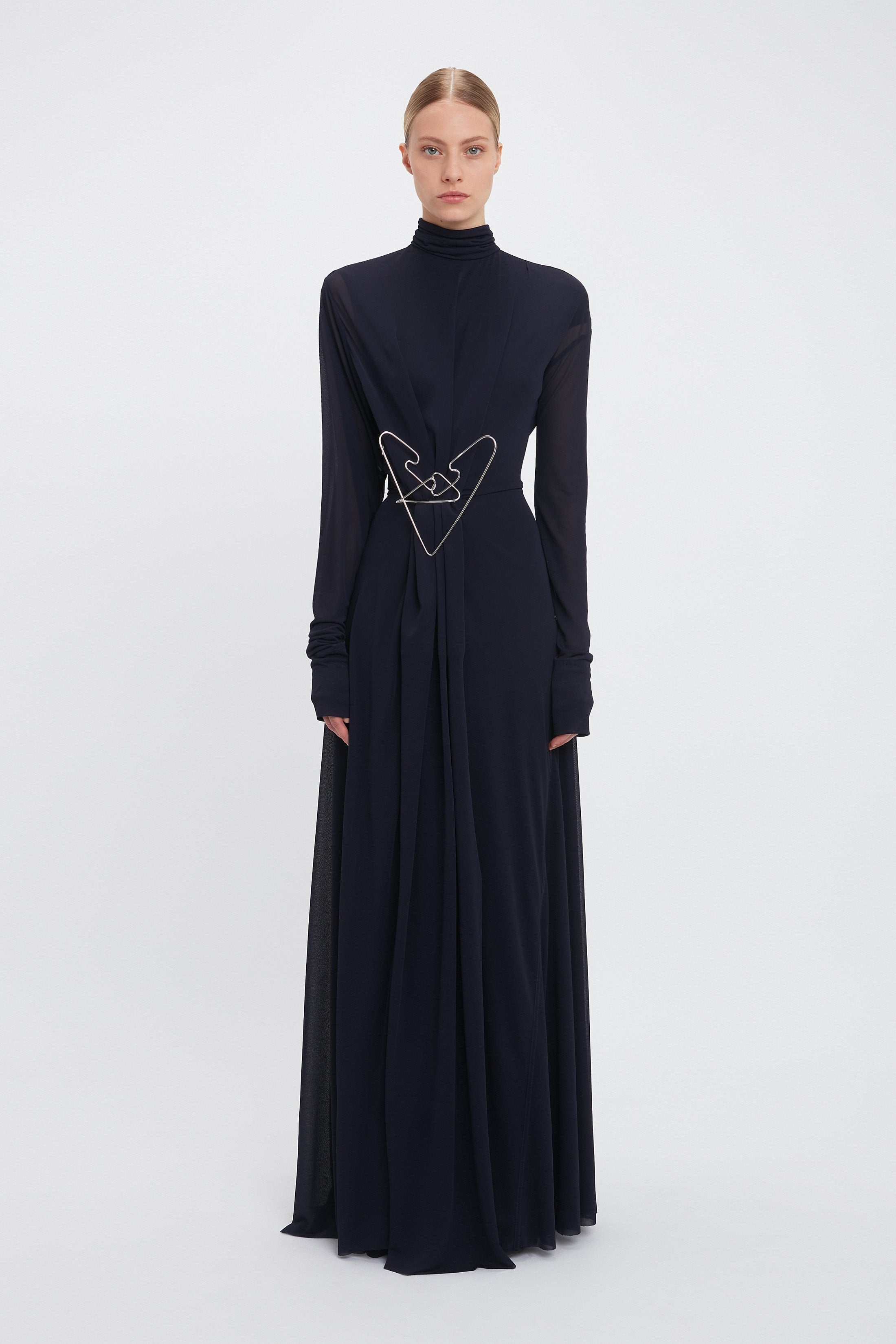 Long Sleeve Draped Jersey Floor-Length Gown In Ink Blue - 3