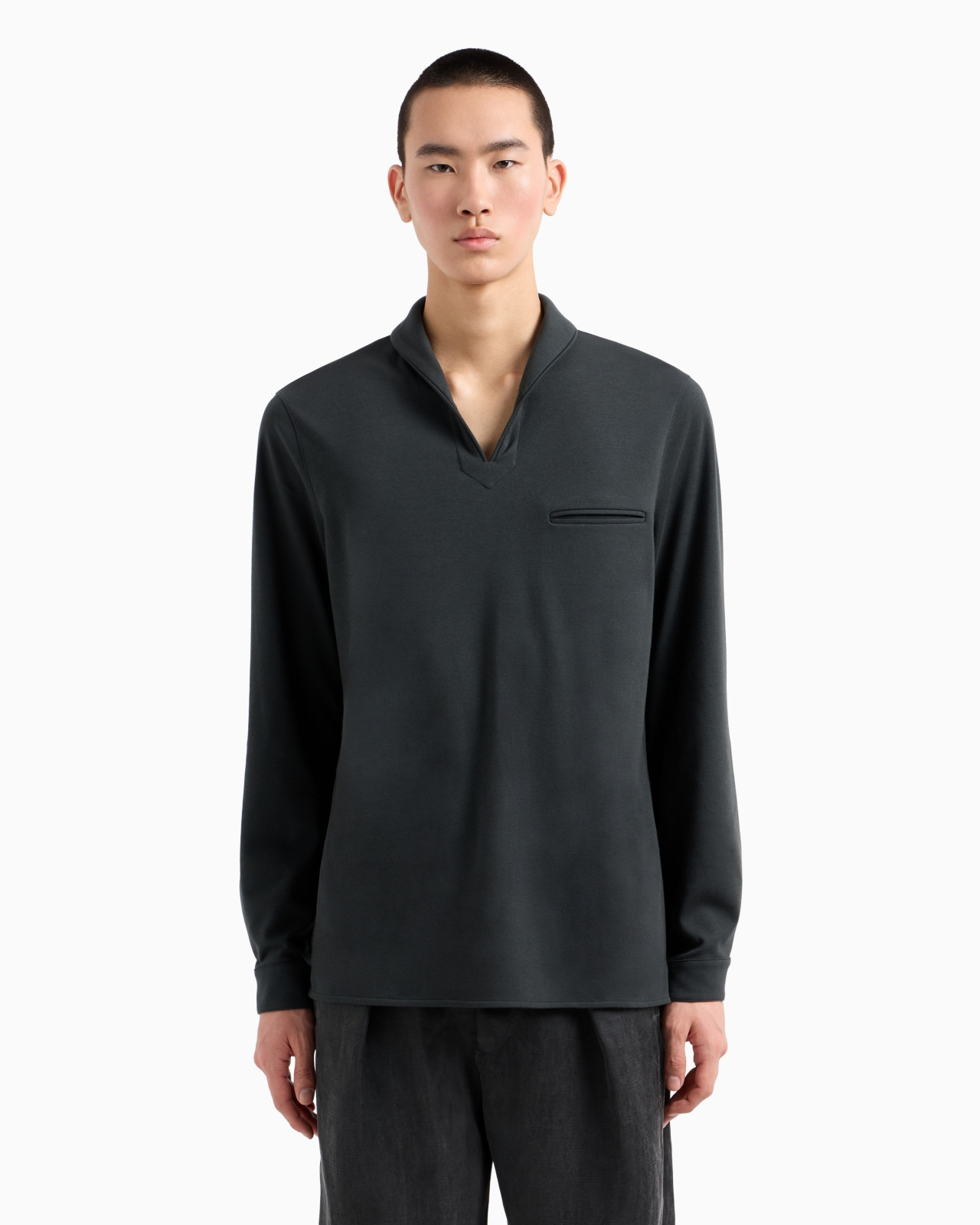COTTON AND CASHMERE INTERLOCK LONG-SLEEVED POLO SHIRT - 4