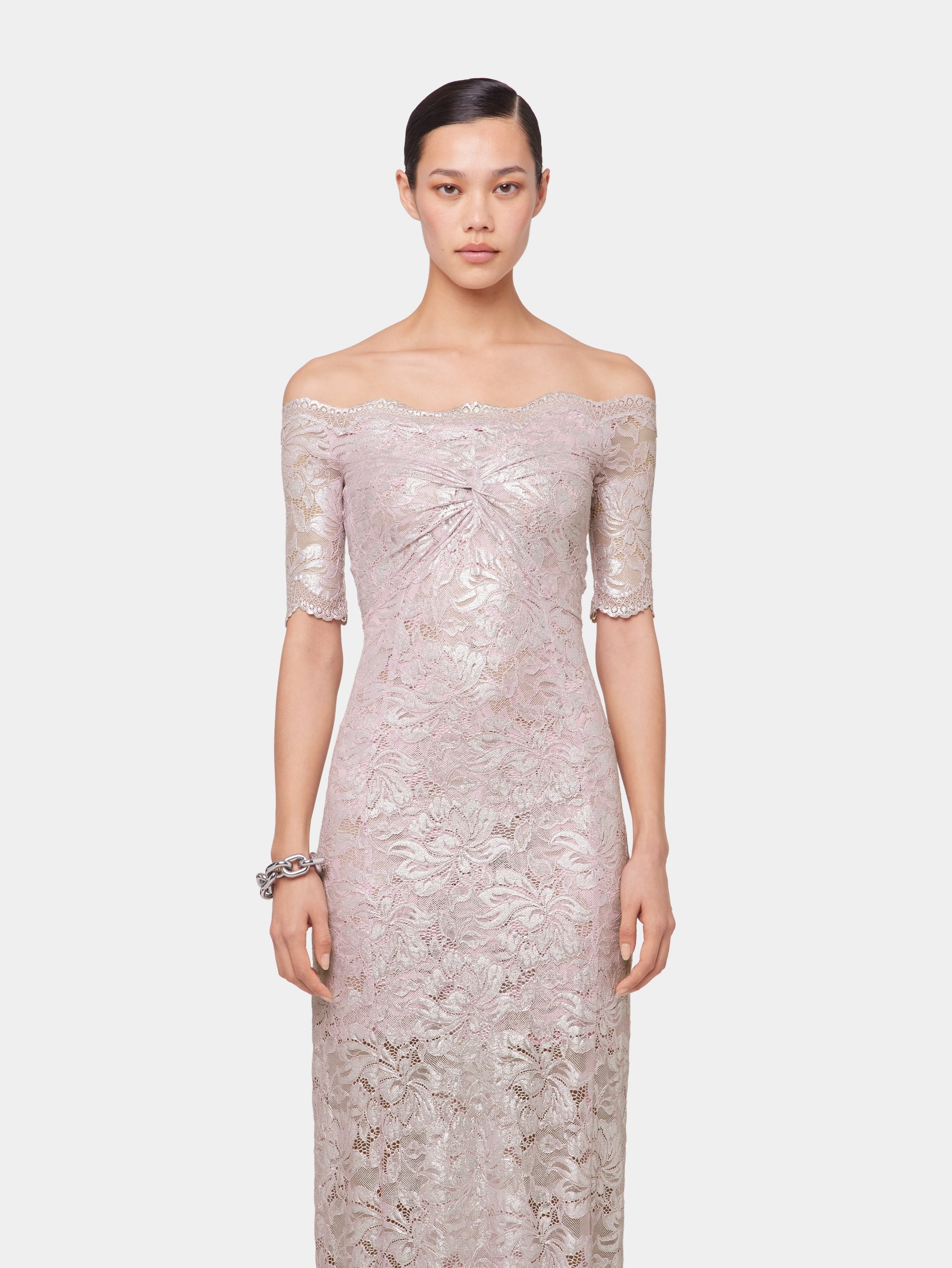 PINK LONG DRESS IN LACE WITH SILVER INDUCTION - 4