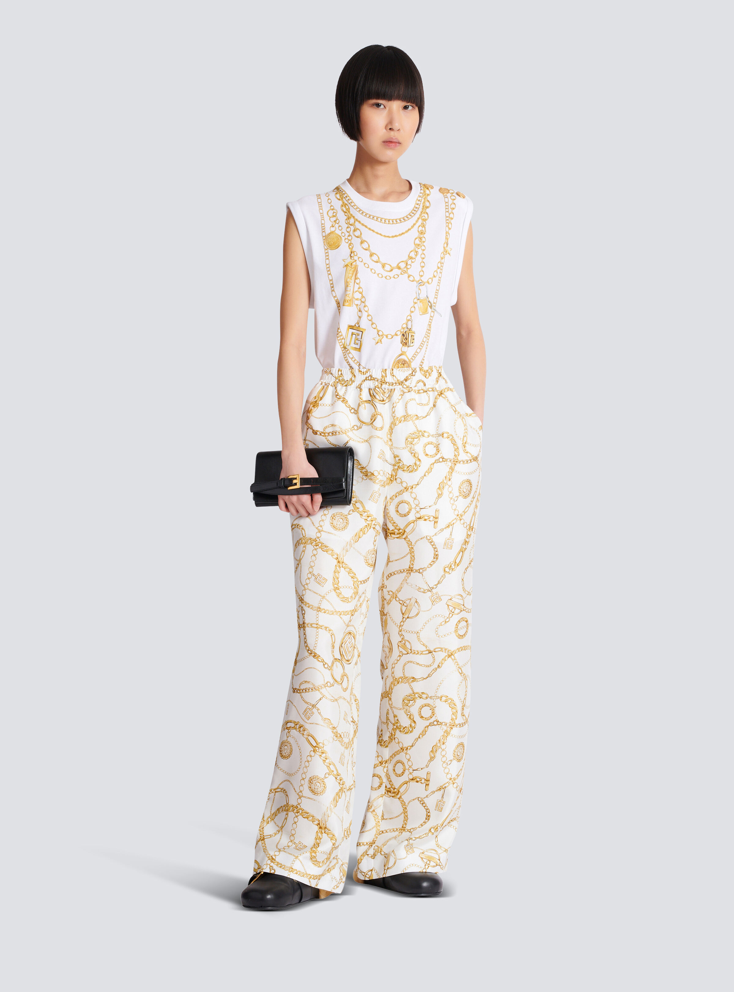 Flowing printed silk trousers with Balmain Chains pattern - 2
