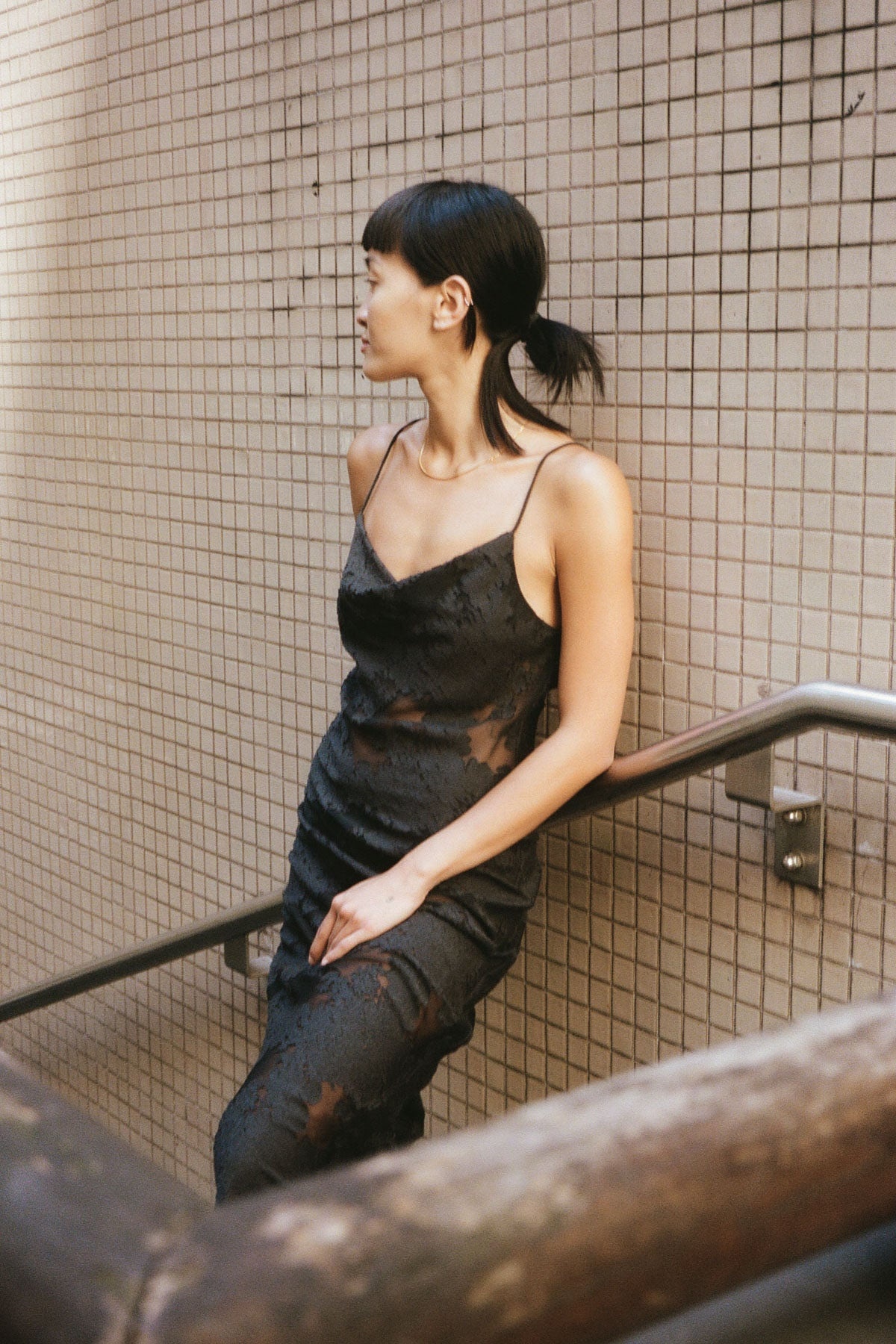 Semi Sheer Floral Dress - Black - 7