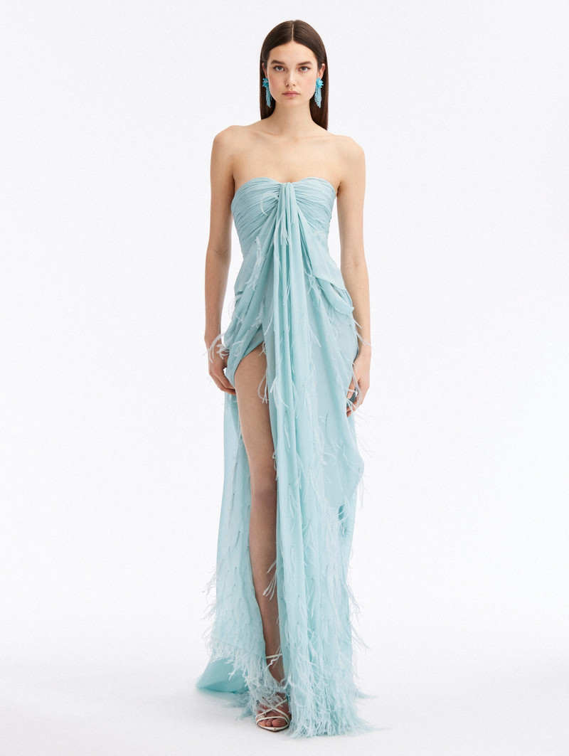 OFF SHOULDER DRAPED FEATHER EMBROIDERED GOWN 1