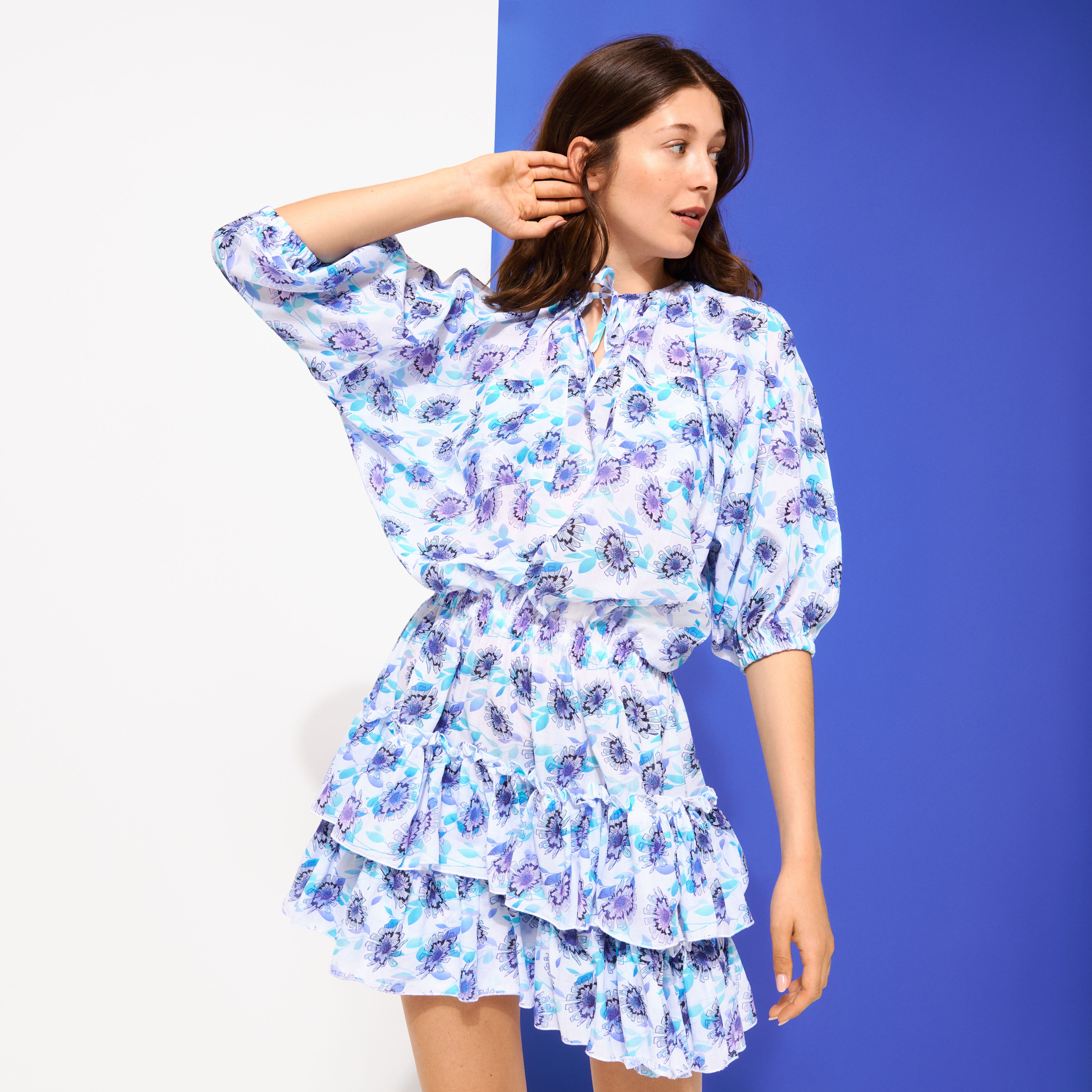 Women Short Ruffles Cotton Dress Flash Flowers - 3