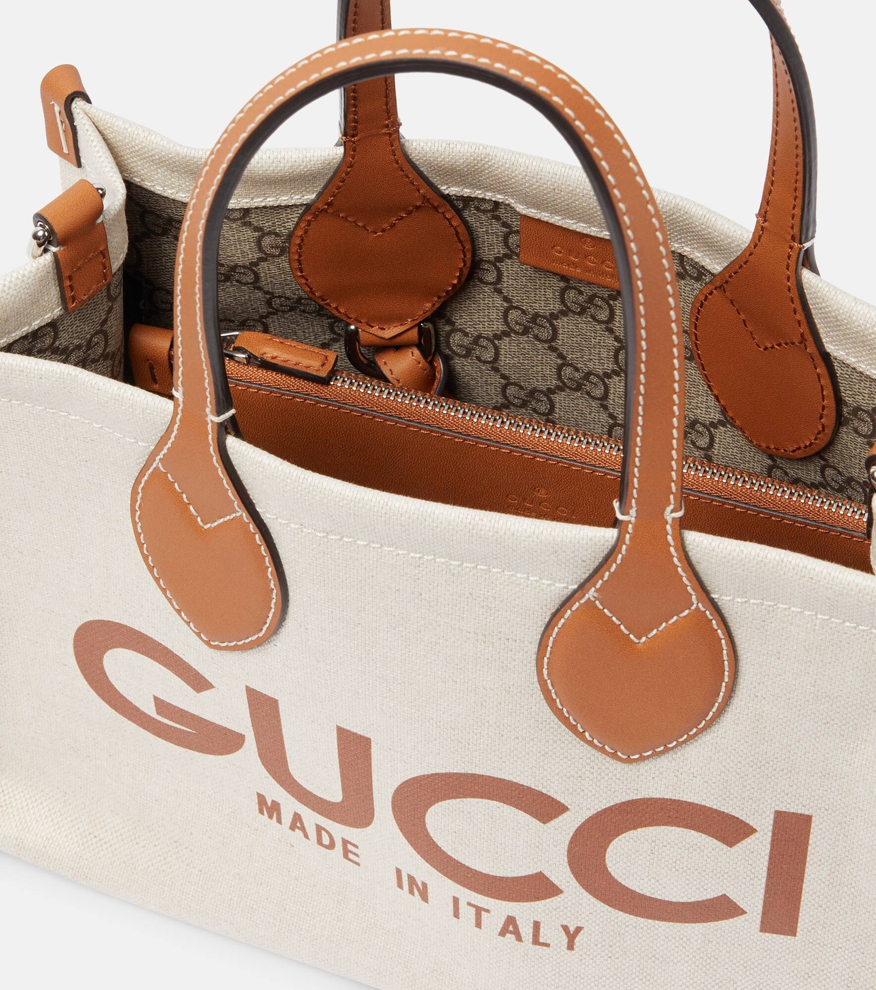 Mini logo leather-trimmed canvas tote bag - 3
