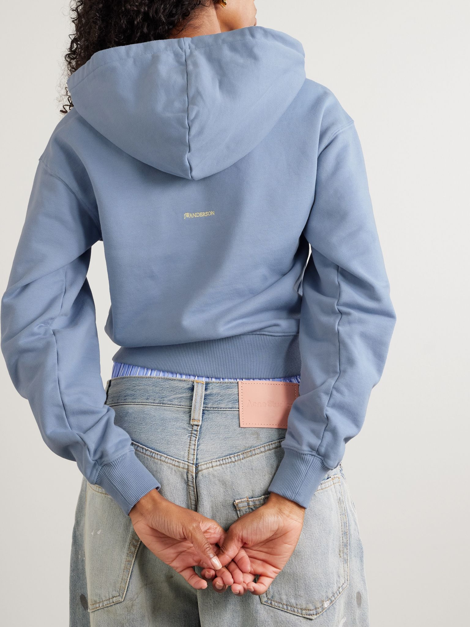 Tie-detailed cotton-jersey hoodie Light blue - 4