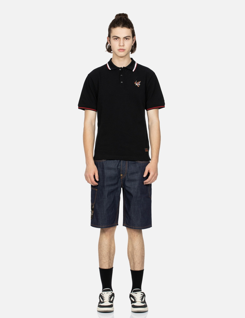 EVISU LOGO EMBROIDERY AND BROCADE APPLIQUÉ DENIM SHORTS outlook