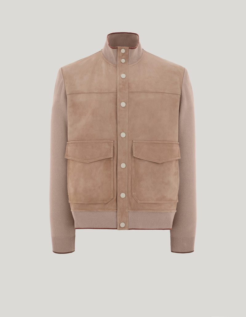 CARAMEL MIXED-MATERIAL ULTRALIGHT SUEDE BOMBER JACKET WITH KNIT INSERTS 1