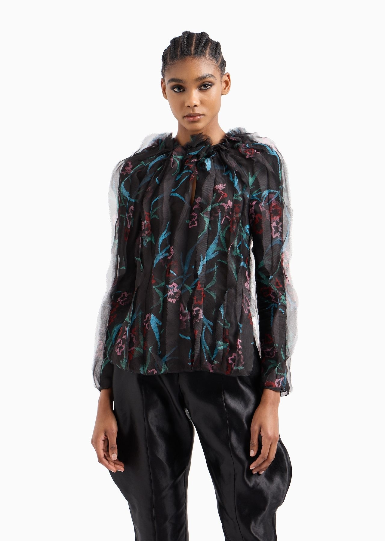 Floral-print, silk-organza long-sleeved shirt - 2