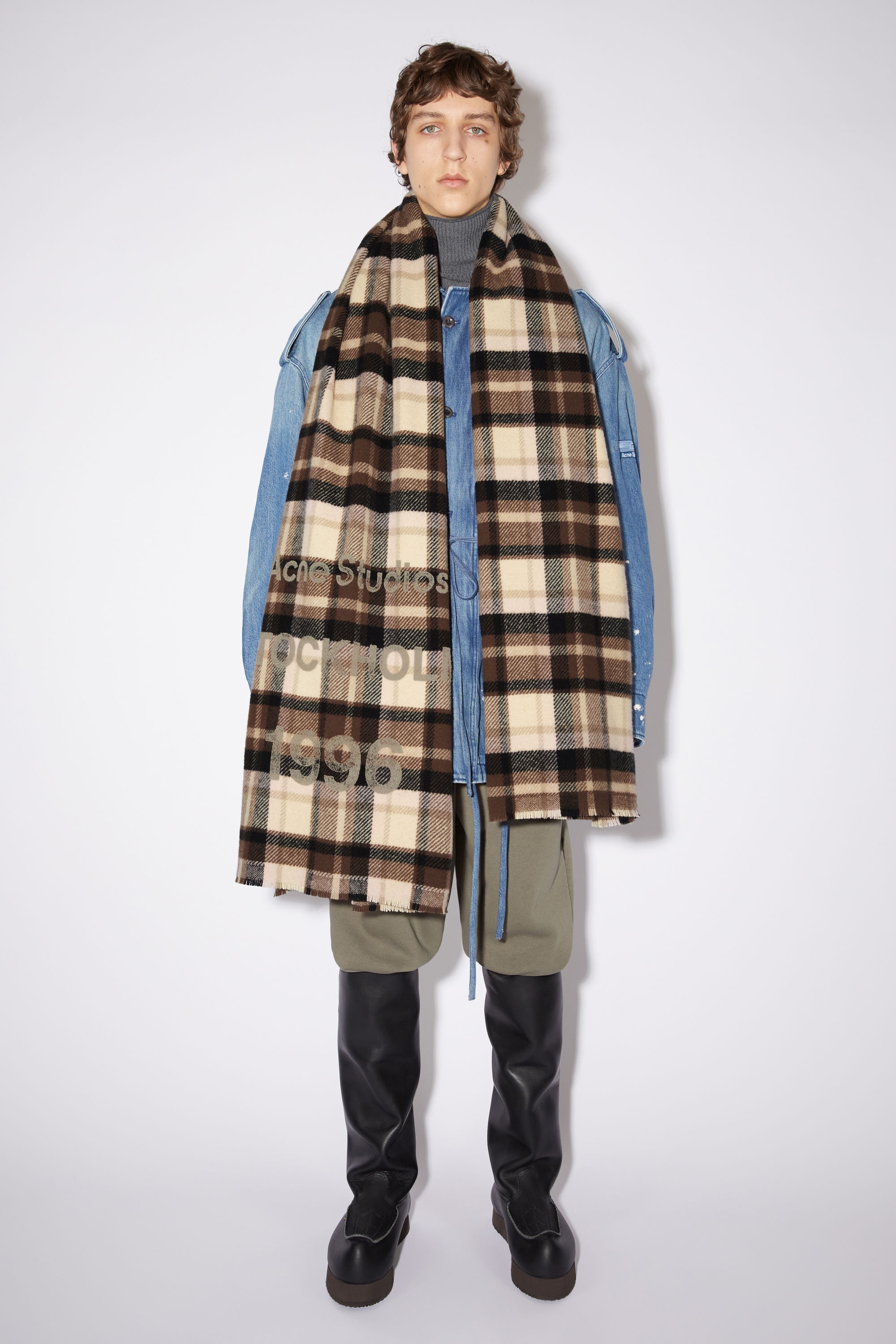 Wool logo print checked scarf - Brown/beige - 3