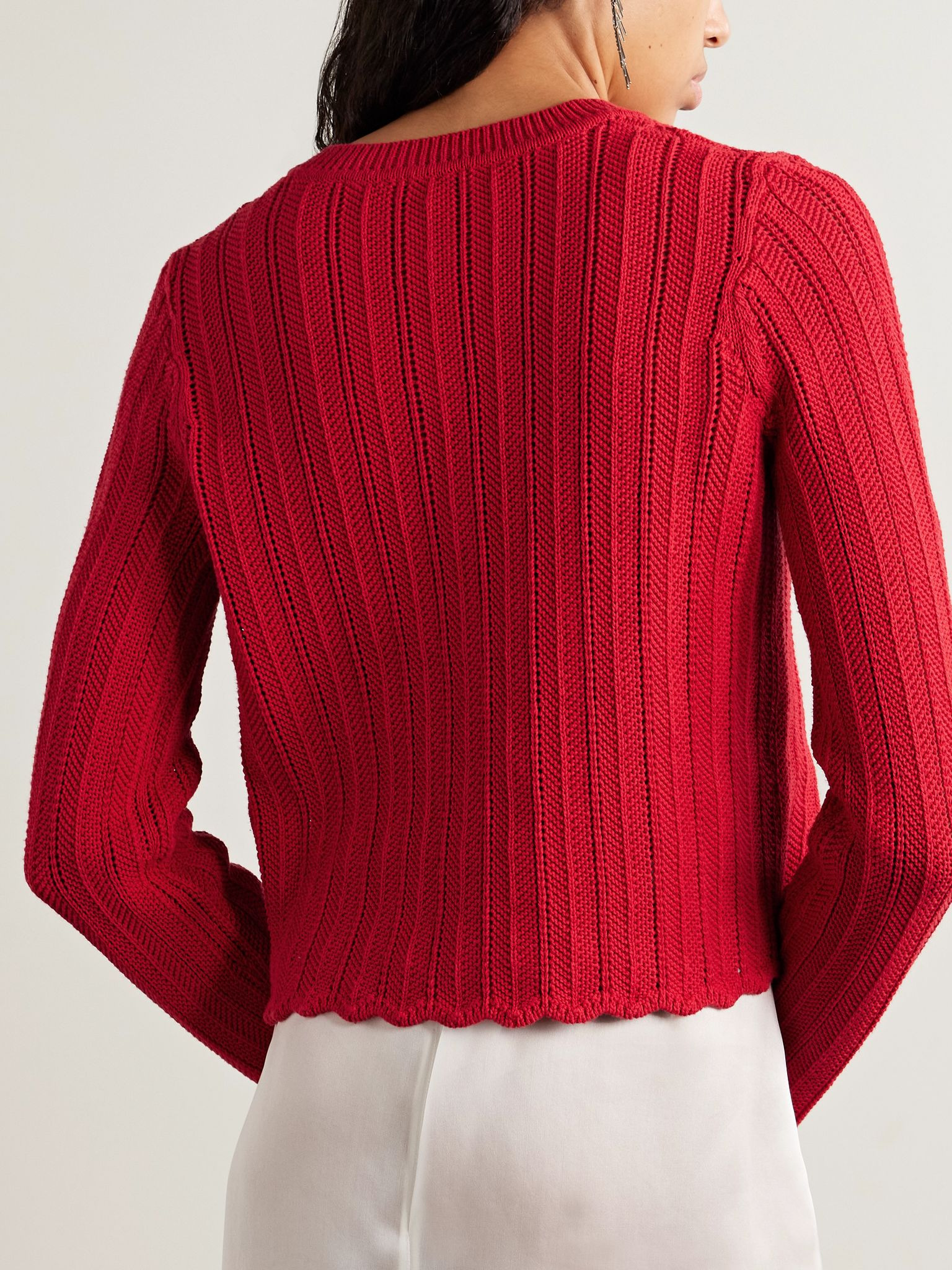 Mariette ribbed open-knit organic cotton cardigan Red - 3
