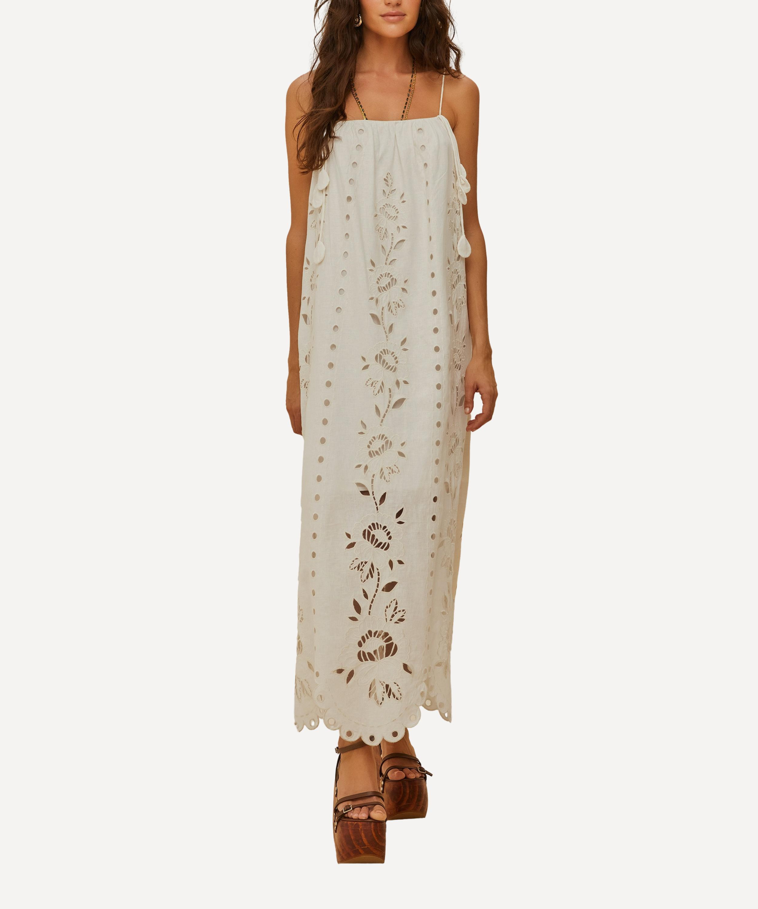 Off-White Flowers Richelieu Linen Sleeveless Maxi Dress - 2