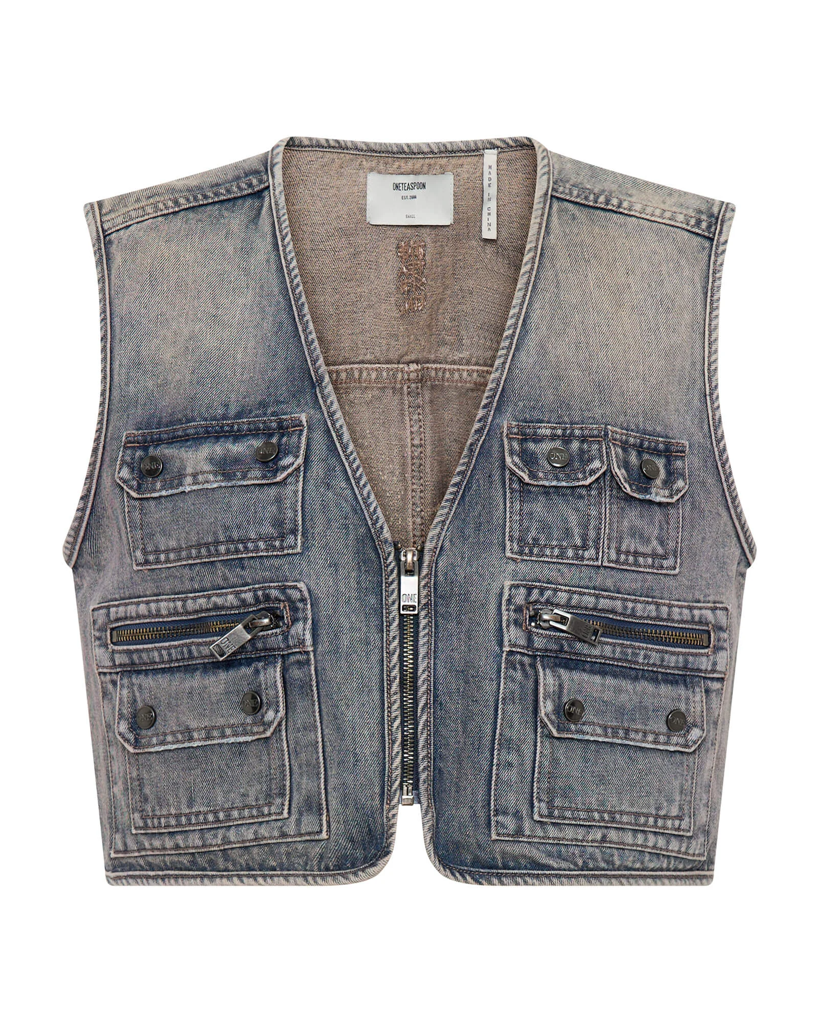 Cropped Denim Utility Vest - Island Blue - 1