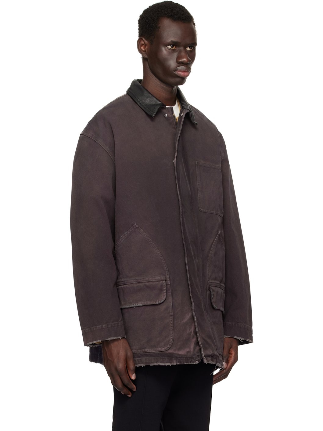 Purple Leather Collar Distressed Jacket - 2