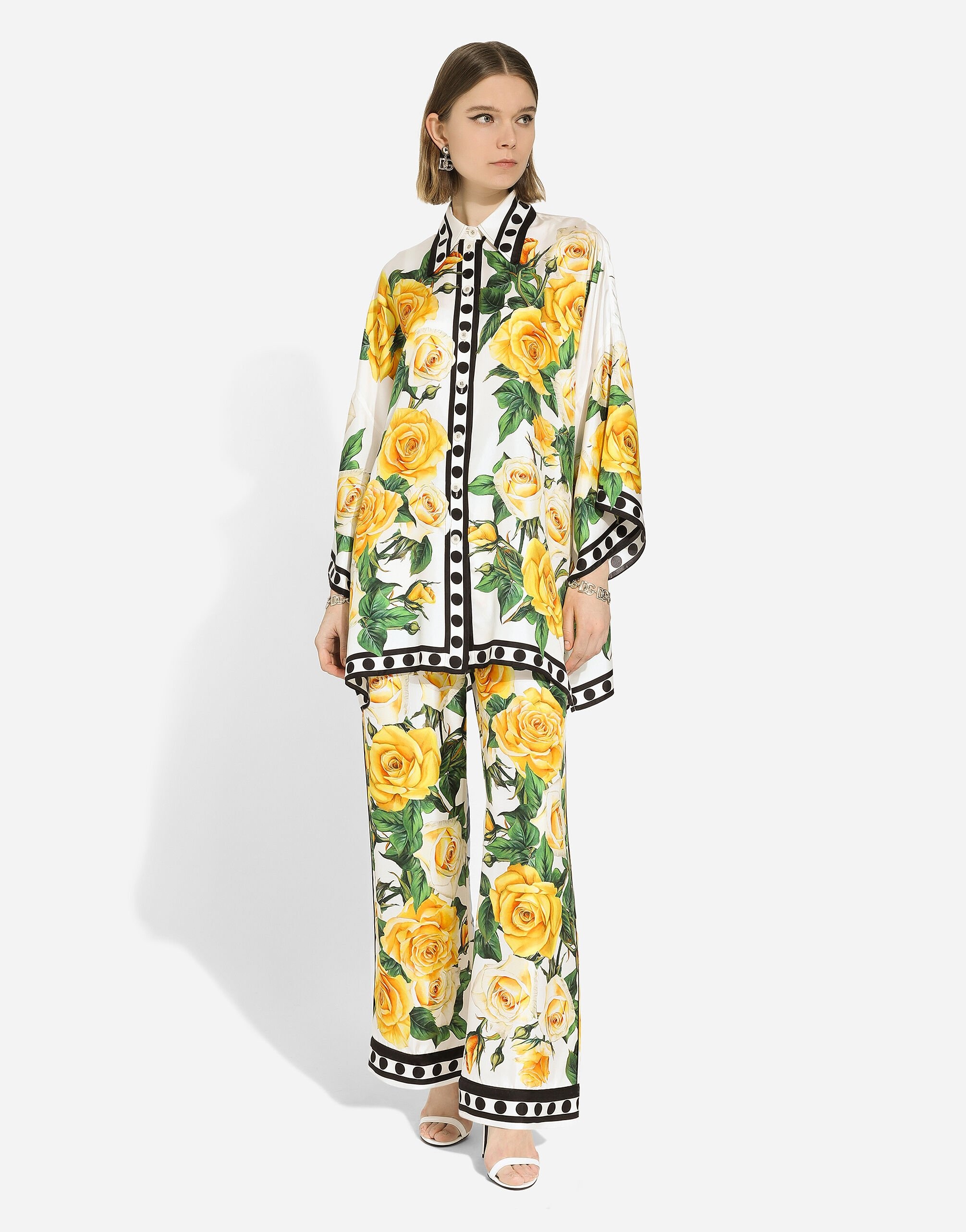 Silk pajama pants with rose print yellow - 2