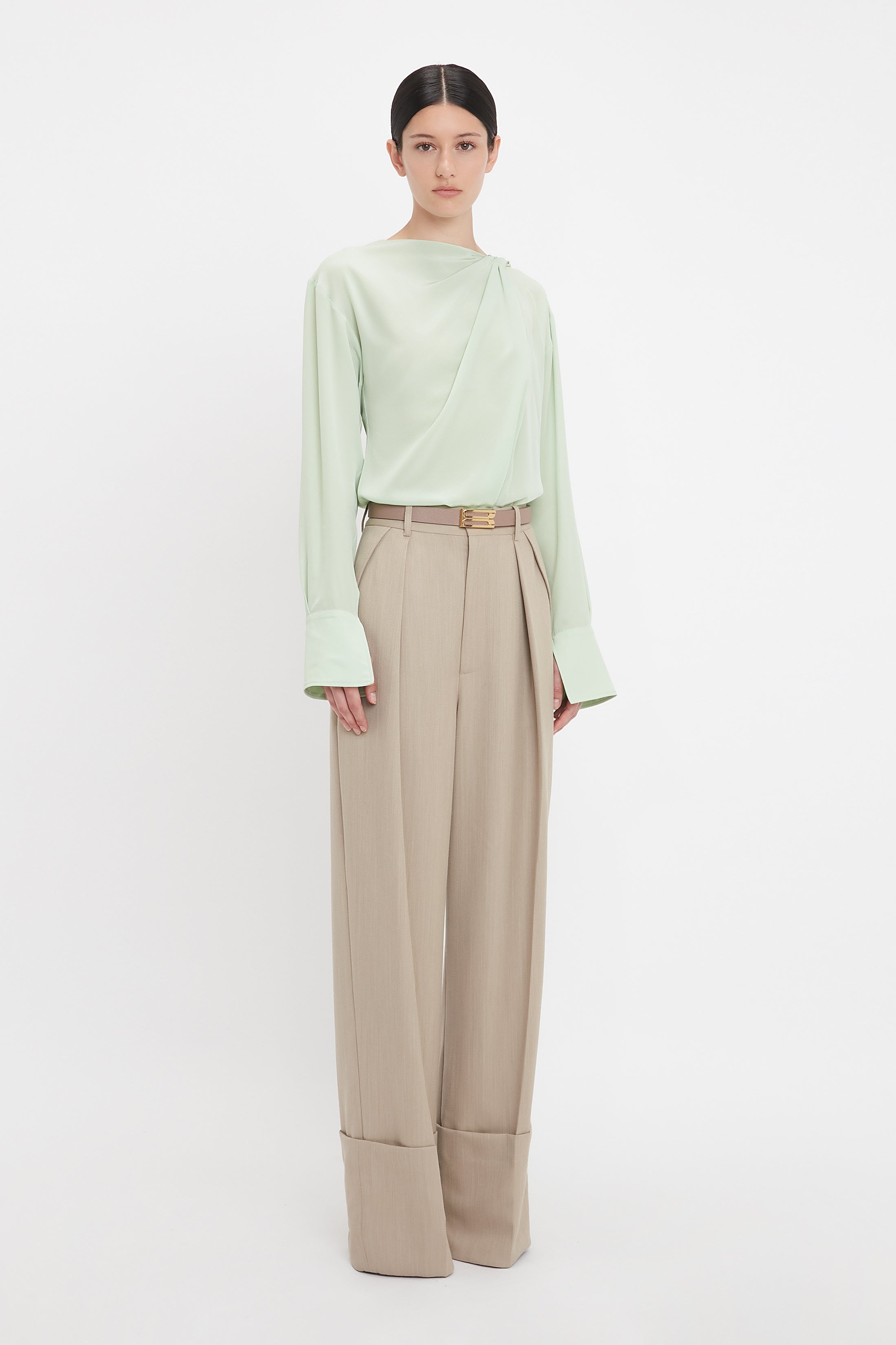 Wide Leg Turn-Up Trouser In Almond - 3