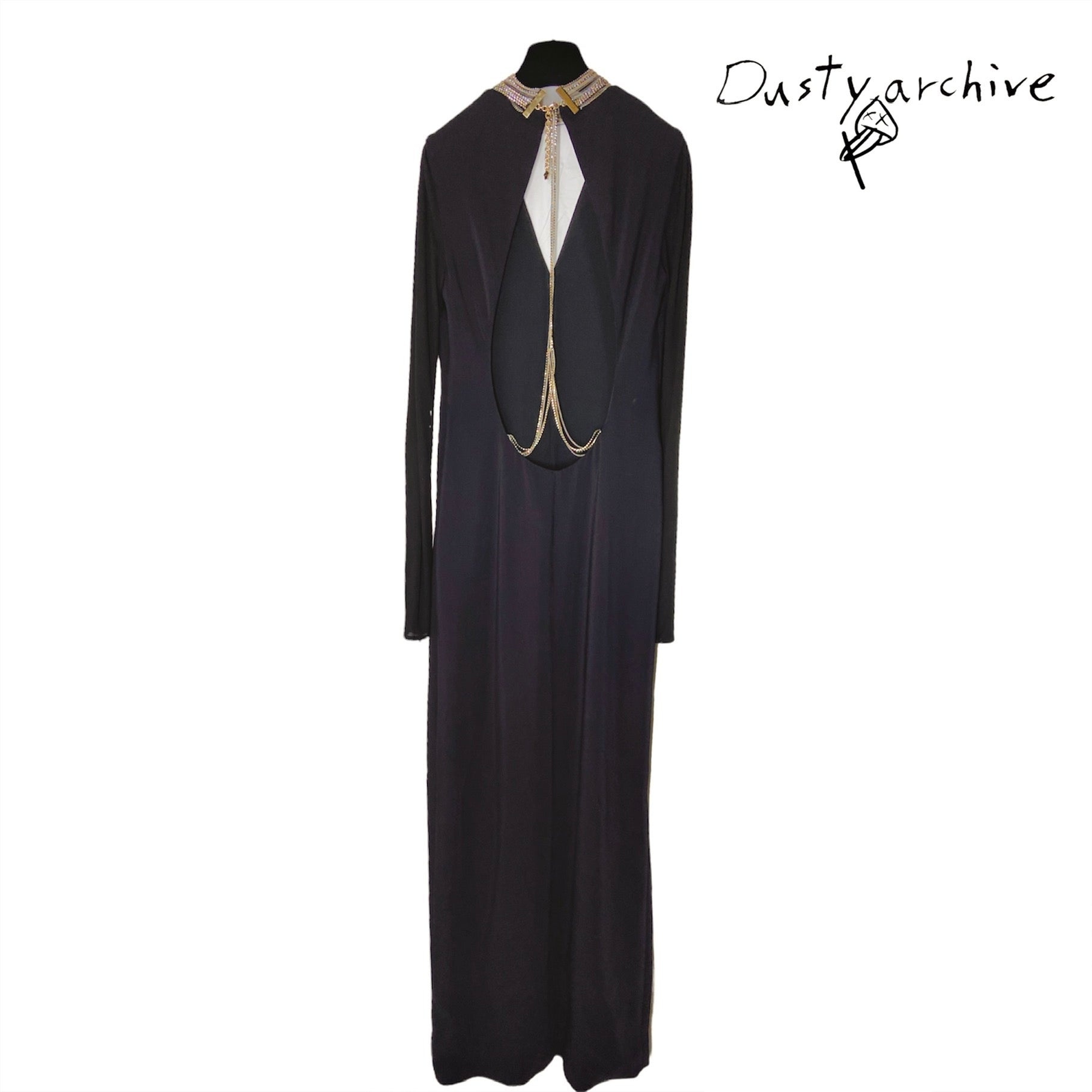 Versace plunging open back dress evening gown with gold crystal necklace and back chains 38 - 7