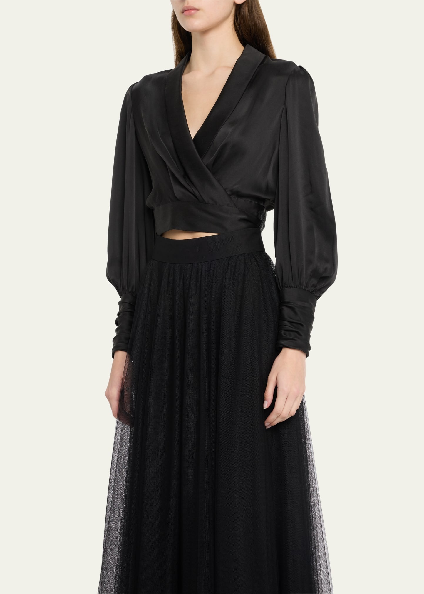 Silk Blouson-Sleeve Wrap Top - 4