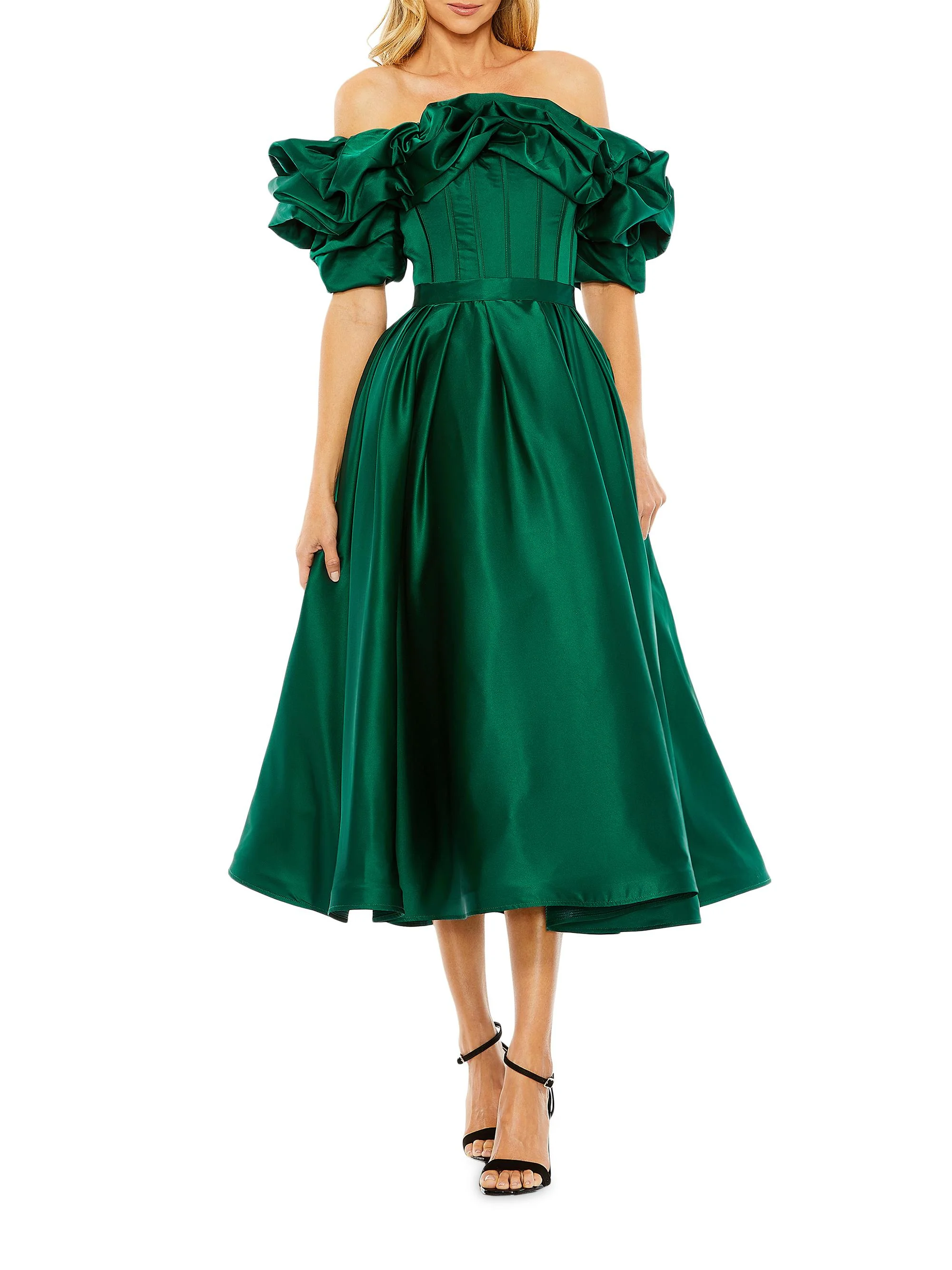 Women's Satin Off-the-Shoulder Midi-Dress - Emerald - 1