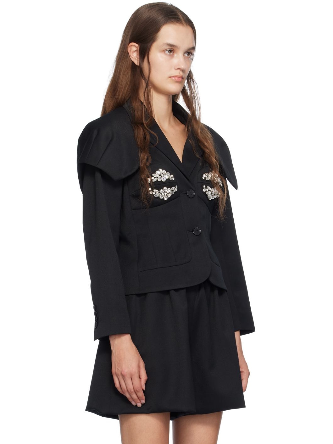 Black Embroidered Bust Fitted Cap Blazer - 2