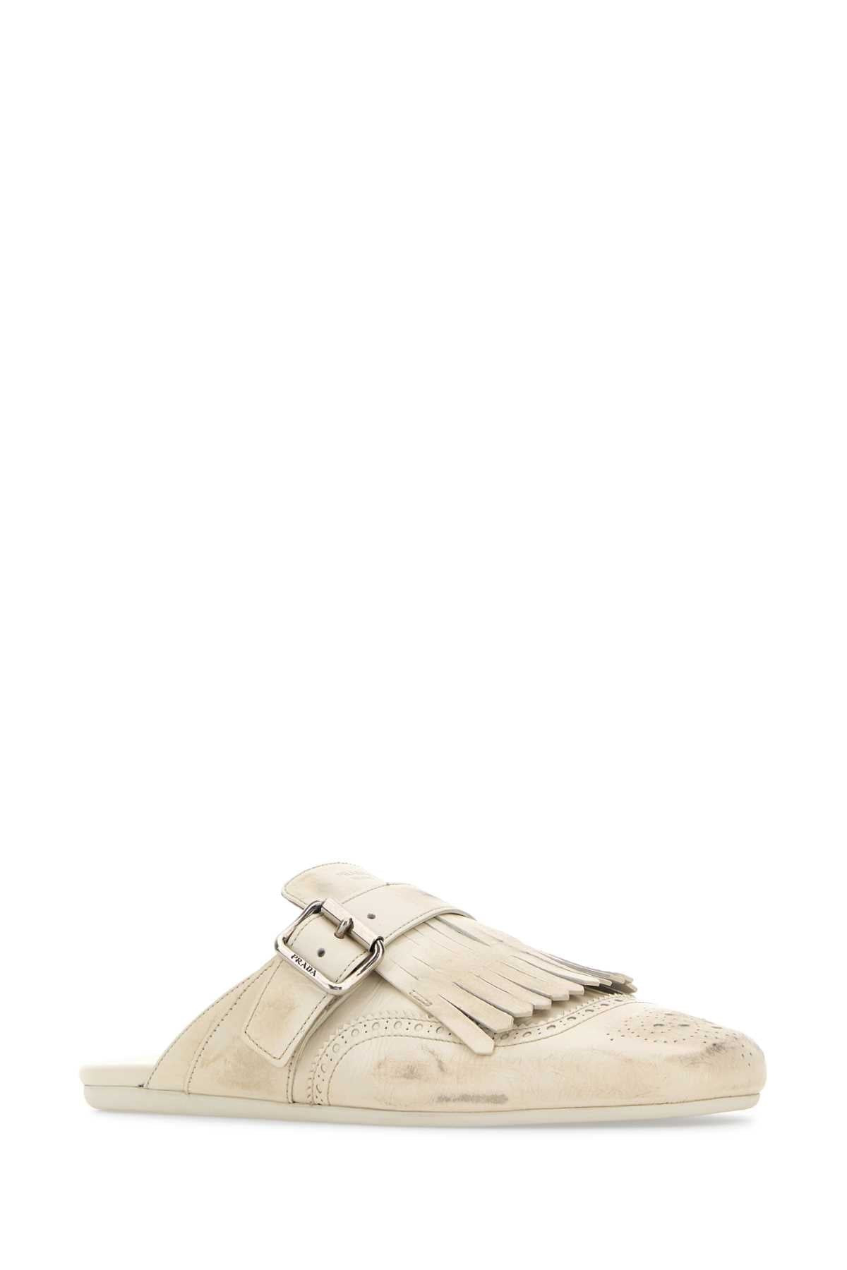 Prada Women Ivory Leather Shuffle Slippers - 2