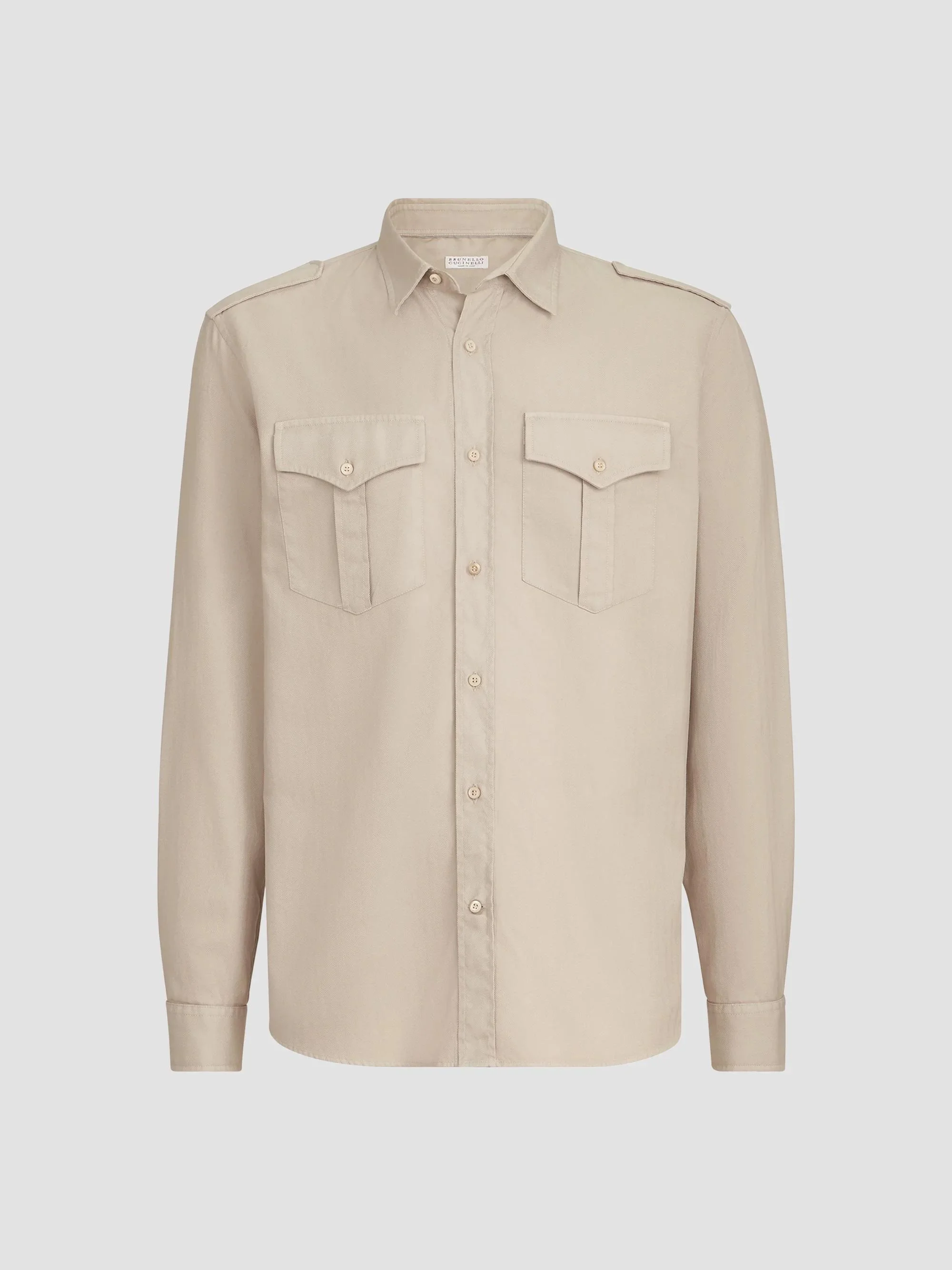 Men's Garment-Dyed Shirt in Cotton Chevron with Spread Collar - Beige - 1