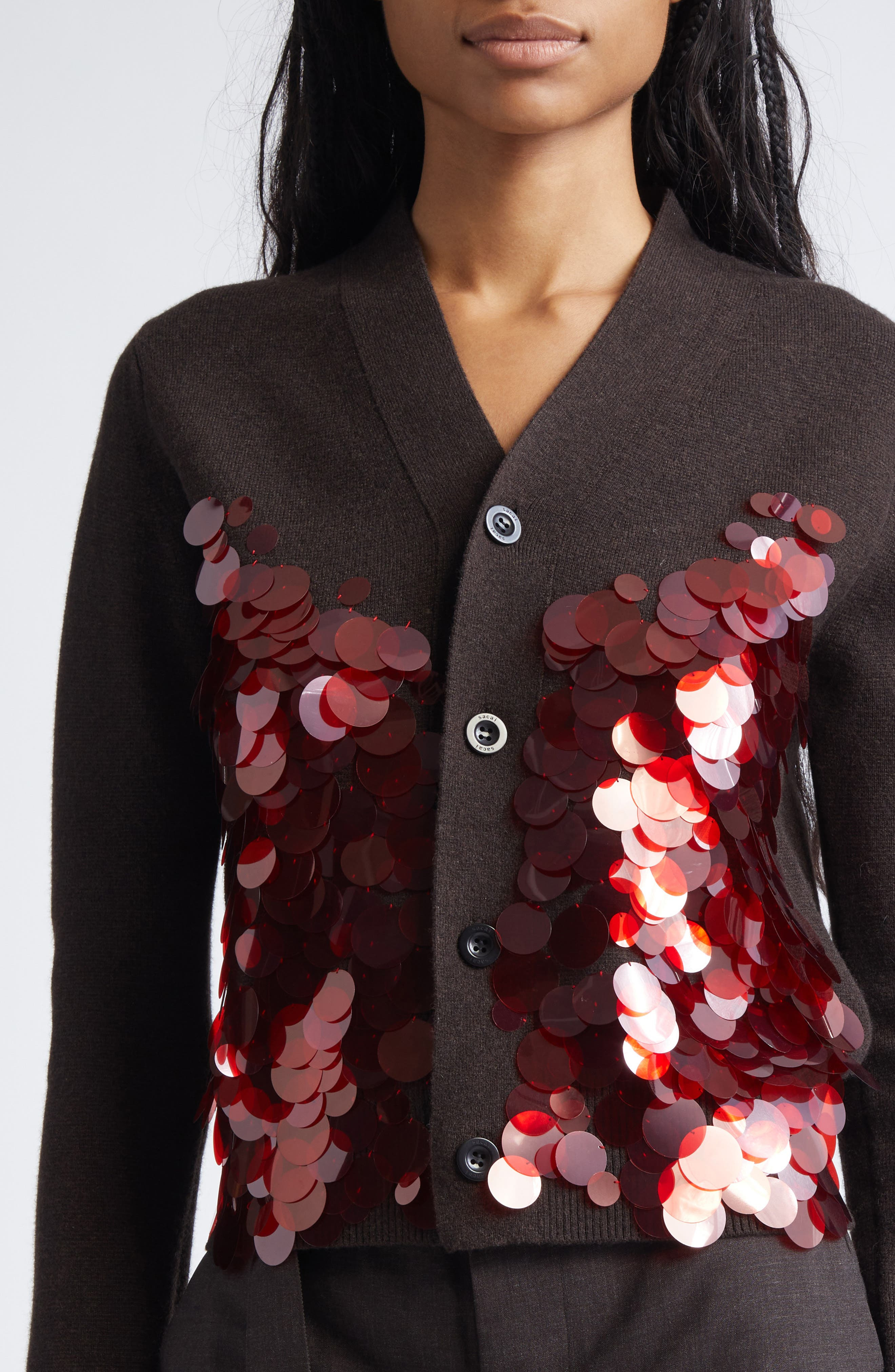 Sacai Sequin Embroidered Wool Cardigan in Brown/Red at Nordstrom - 5