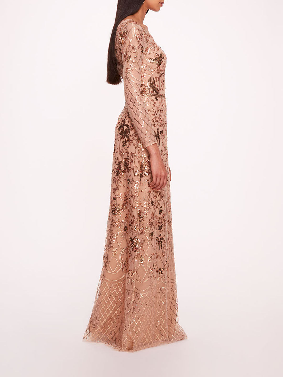 SEQUIN LATTICE SLEEVED GOWN - 3