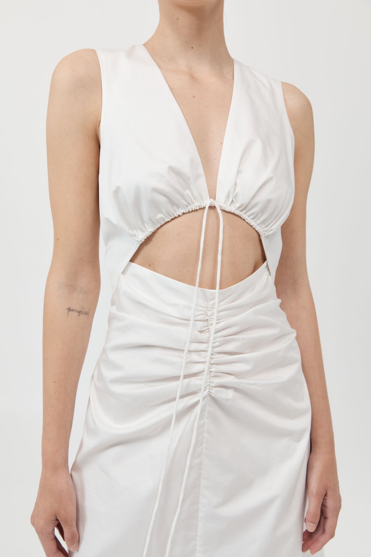 Cotton Gathered Dress - White - 3