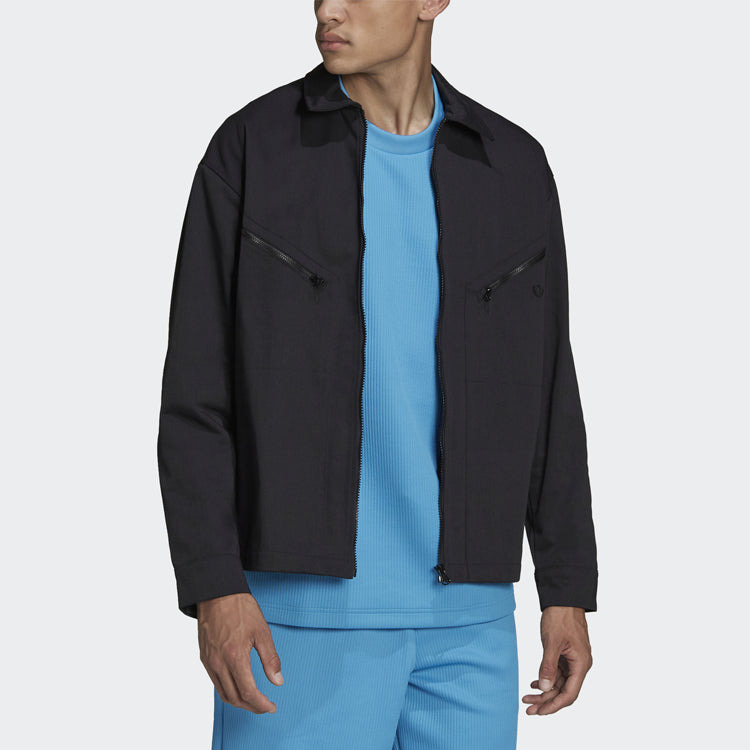 Men's adidas originals Logo Embroidered Solid Color Lapel Long Sleeves Sports Black Jacket HC4540 - 2