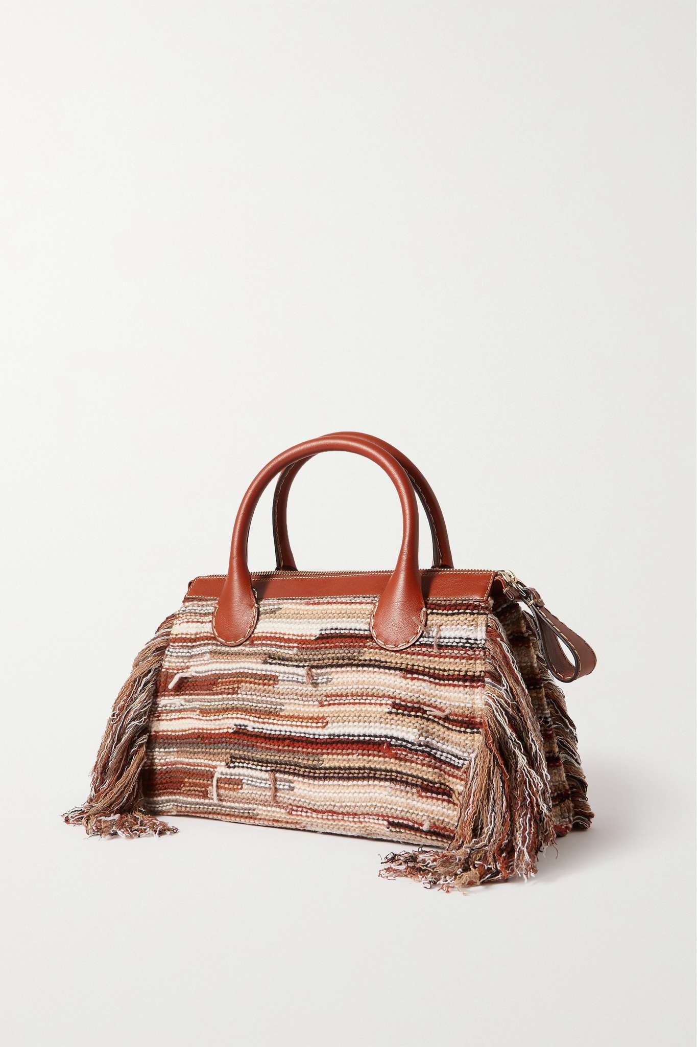 Edith medium striped recycled cashmere and wool-blend and leather tote - 3