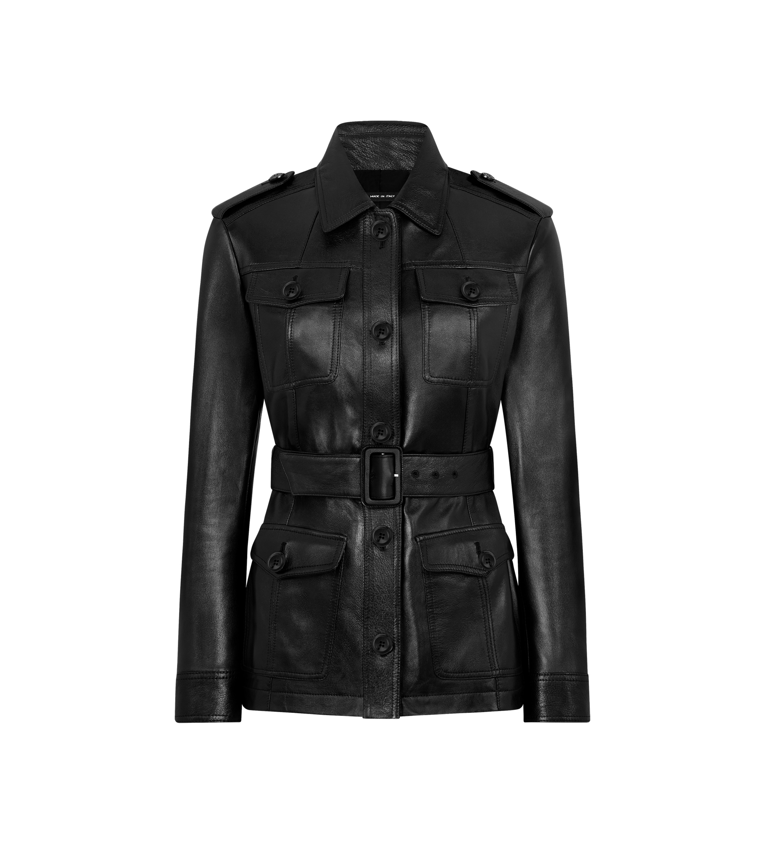 SHINY PLONGE LEATHER BELTED SAFARI JACKET - 1