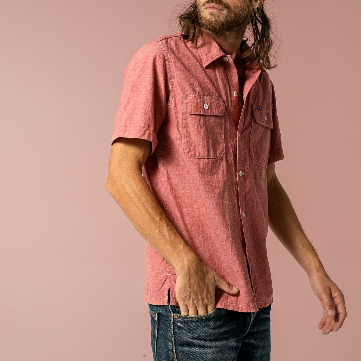 IHSH-388-RED 4oz Selvedge Short Sleeved Summer Shirt - Red - 4