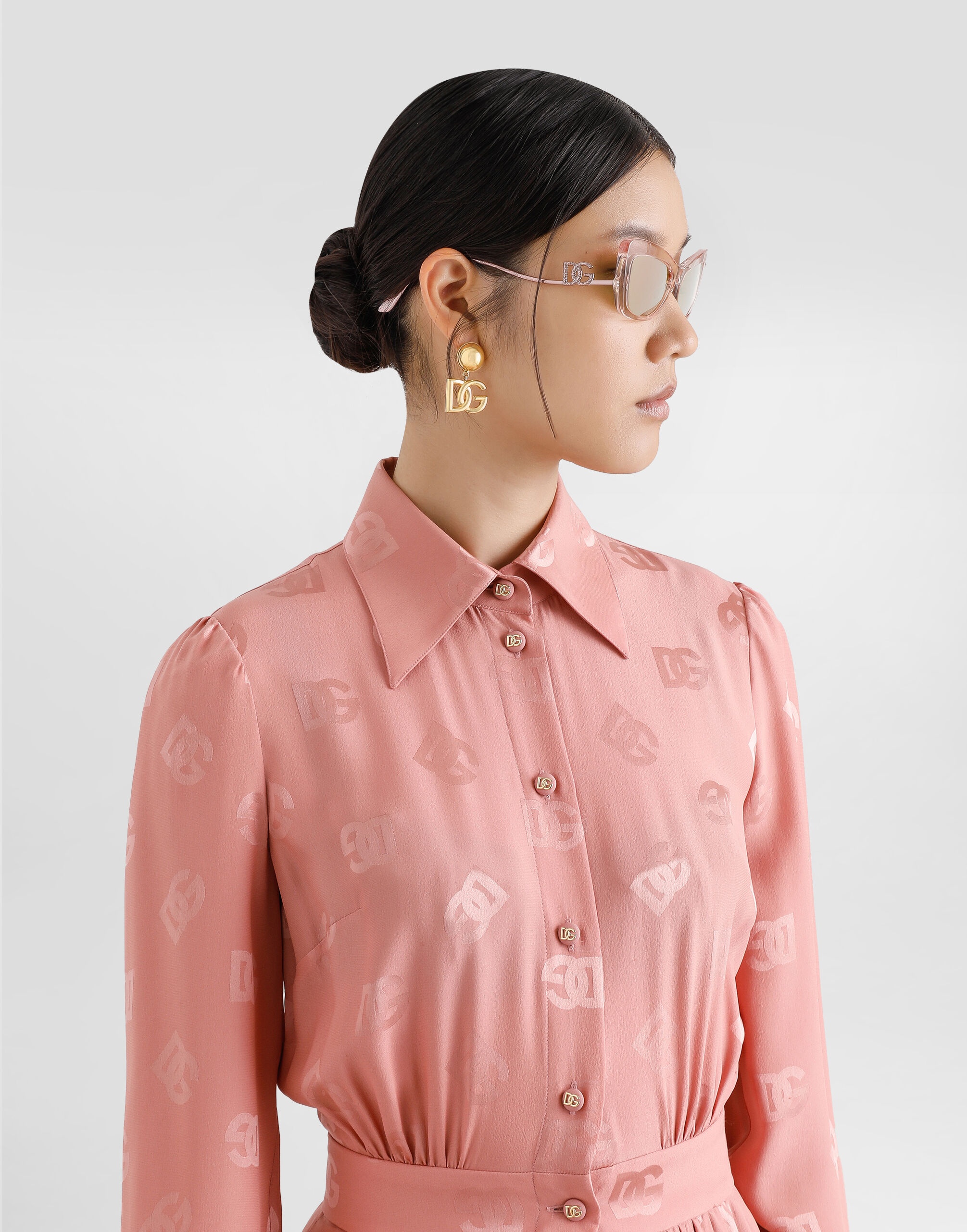 Silk satin jacquard shirt dress with DG logo - 5