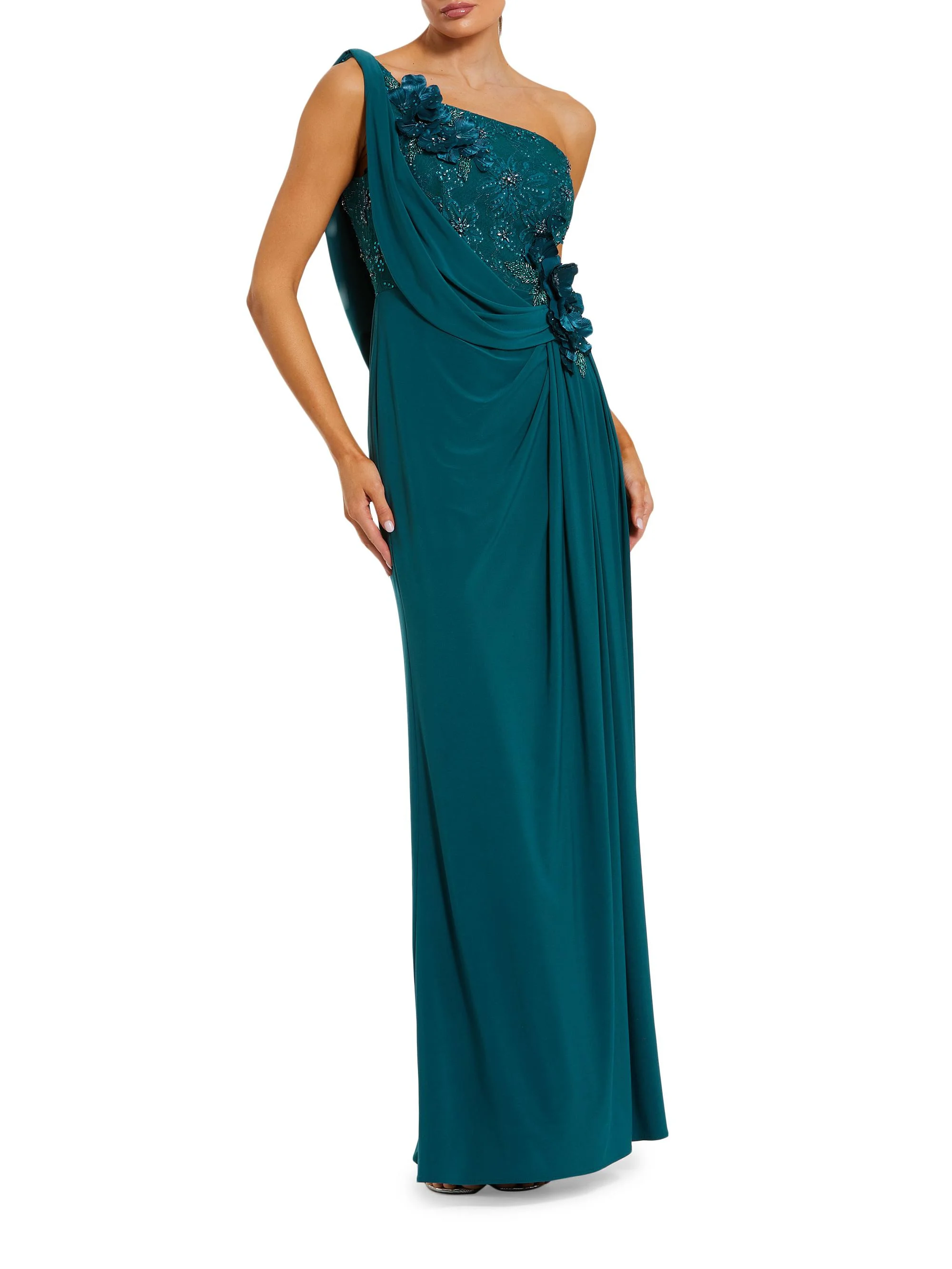 Women's Evening One-Shoulder Embellished Jersey Gown - Ocean - 1