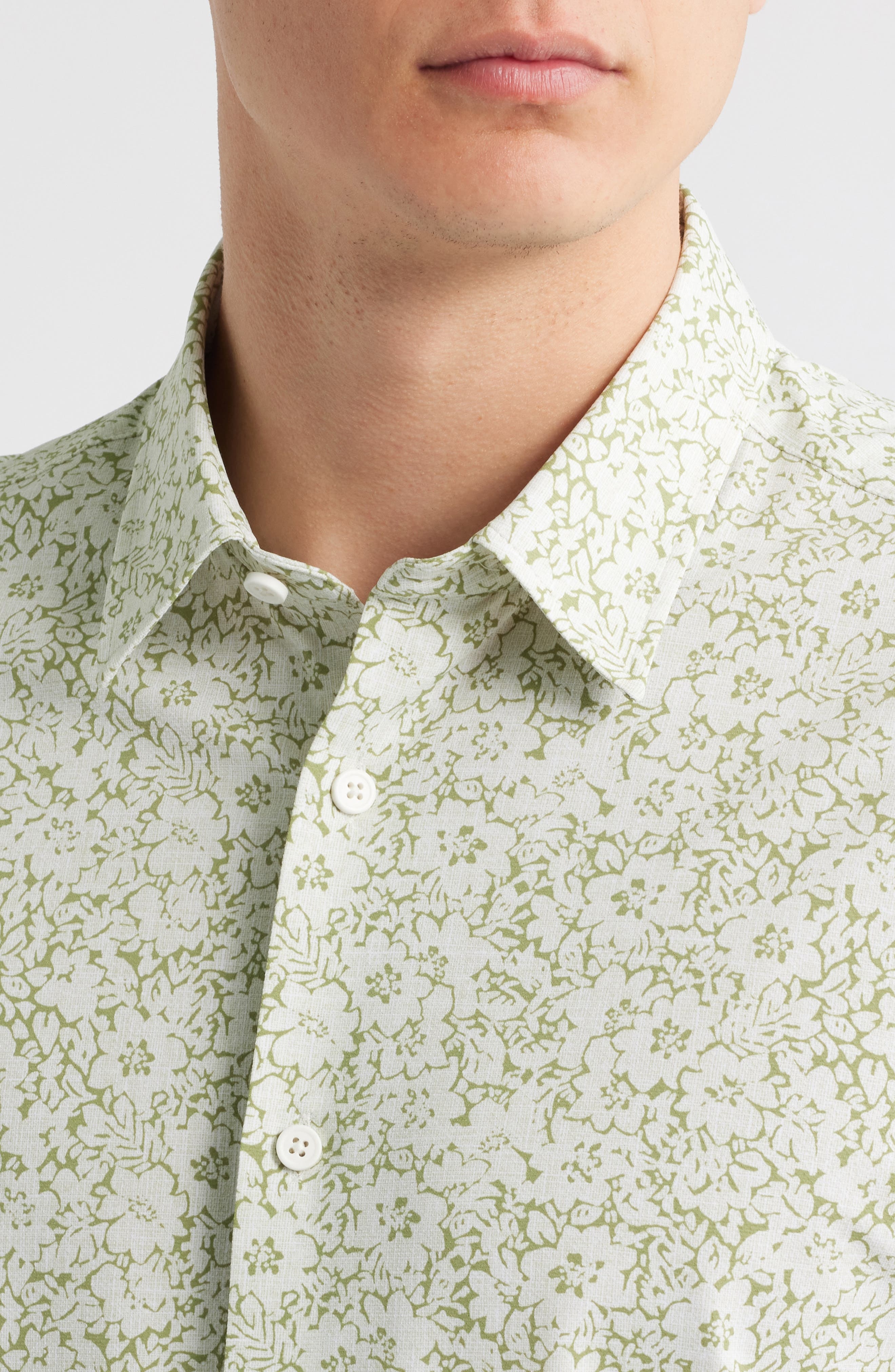 BOSS Roan Floral Short Sleeve Stretch Button-Up Shirt in Medium Green at Nordstrom - 2