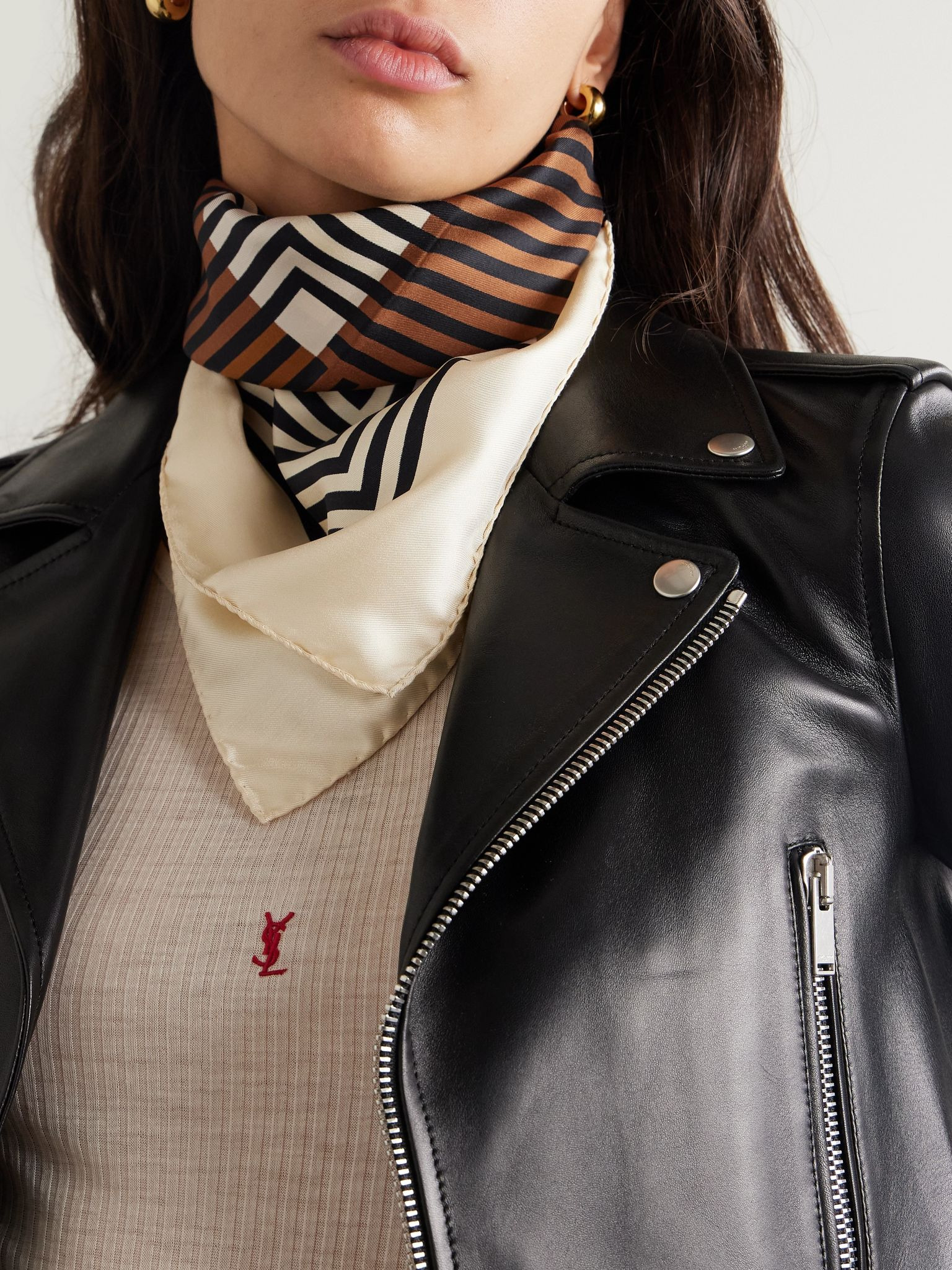 Printed silk-satin scarf Brown - 4